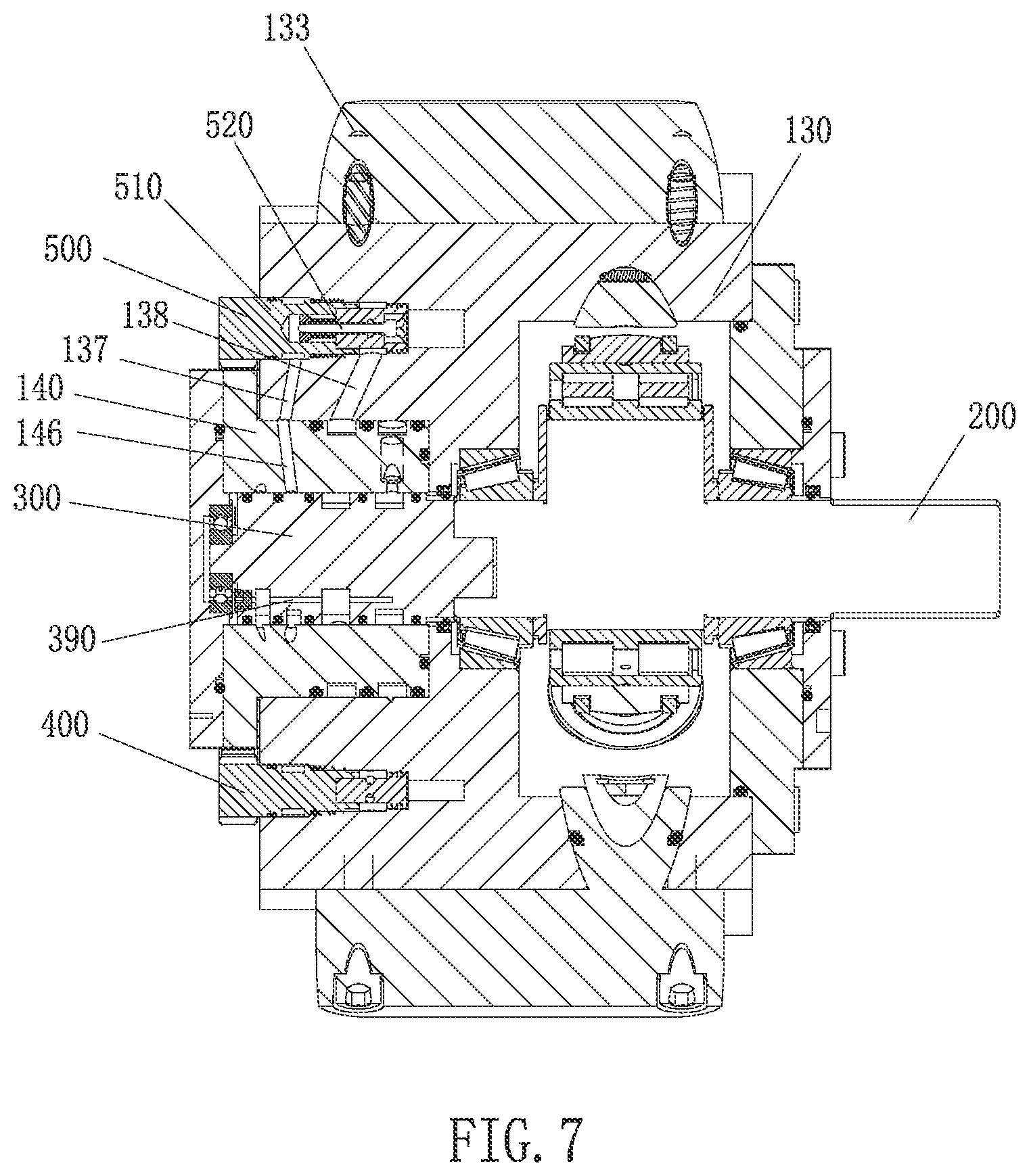 Patent US11781537 Figure 7 – Radial piston hydraulic device distributed by pilot operated check valves