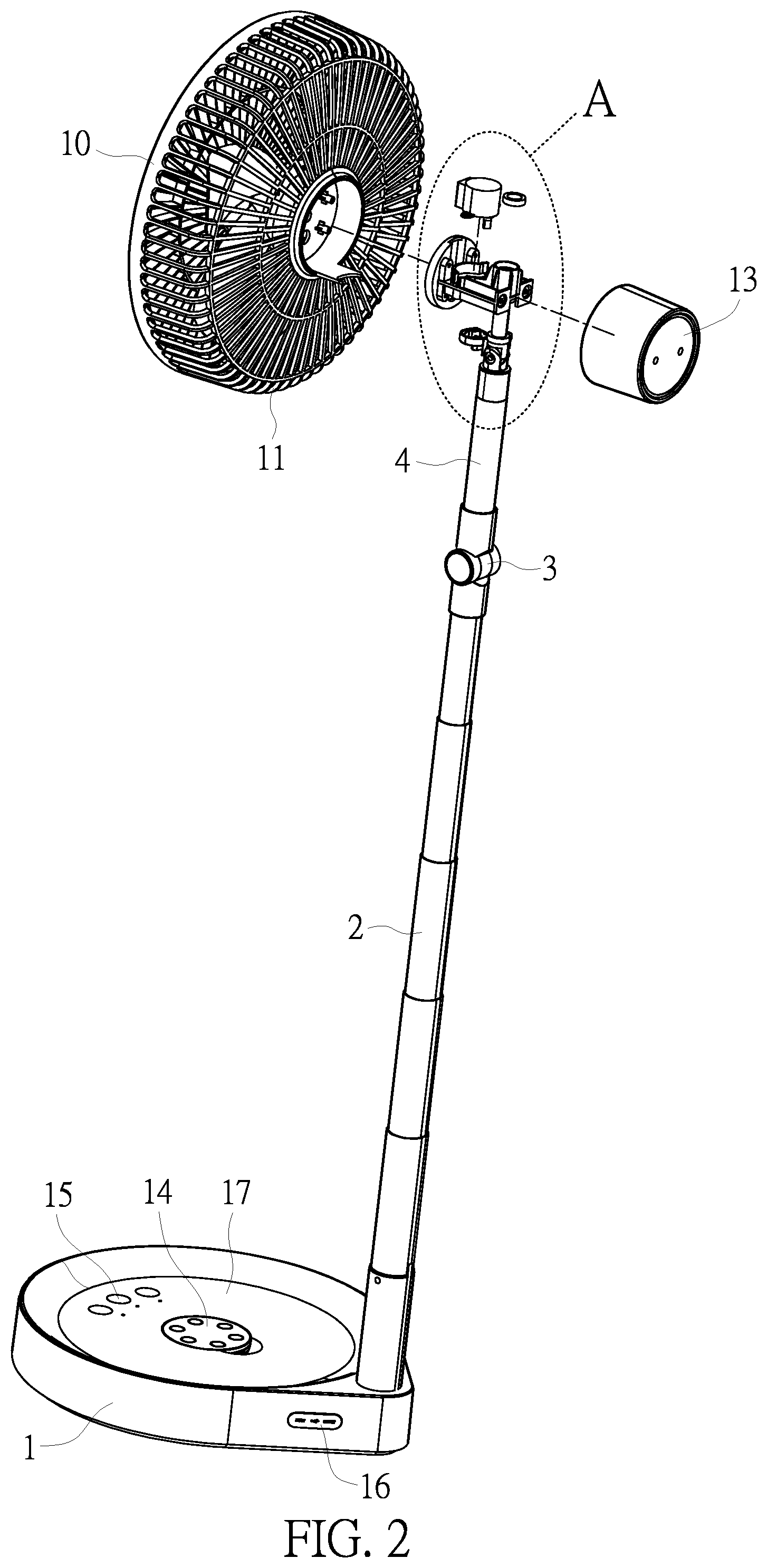 Patent US11781554 Figure 2 – Lifting oscillating fan which is convenient to store and carry