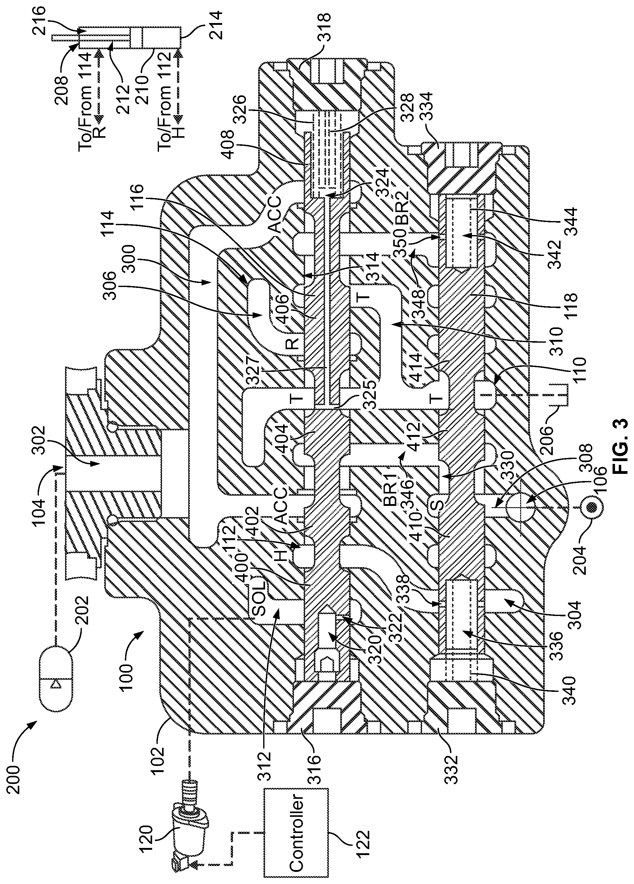 Patent US11781573 Figure 2 – System, valve assembly, and methods for oscillation control of a hydraulic machine