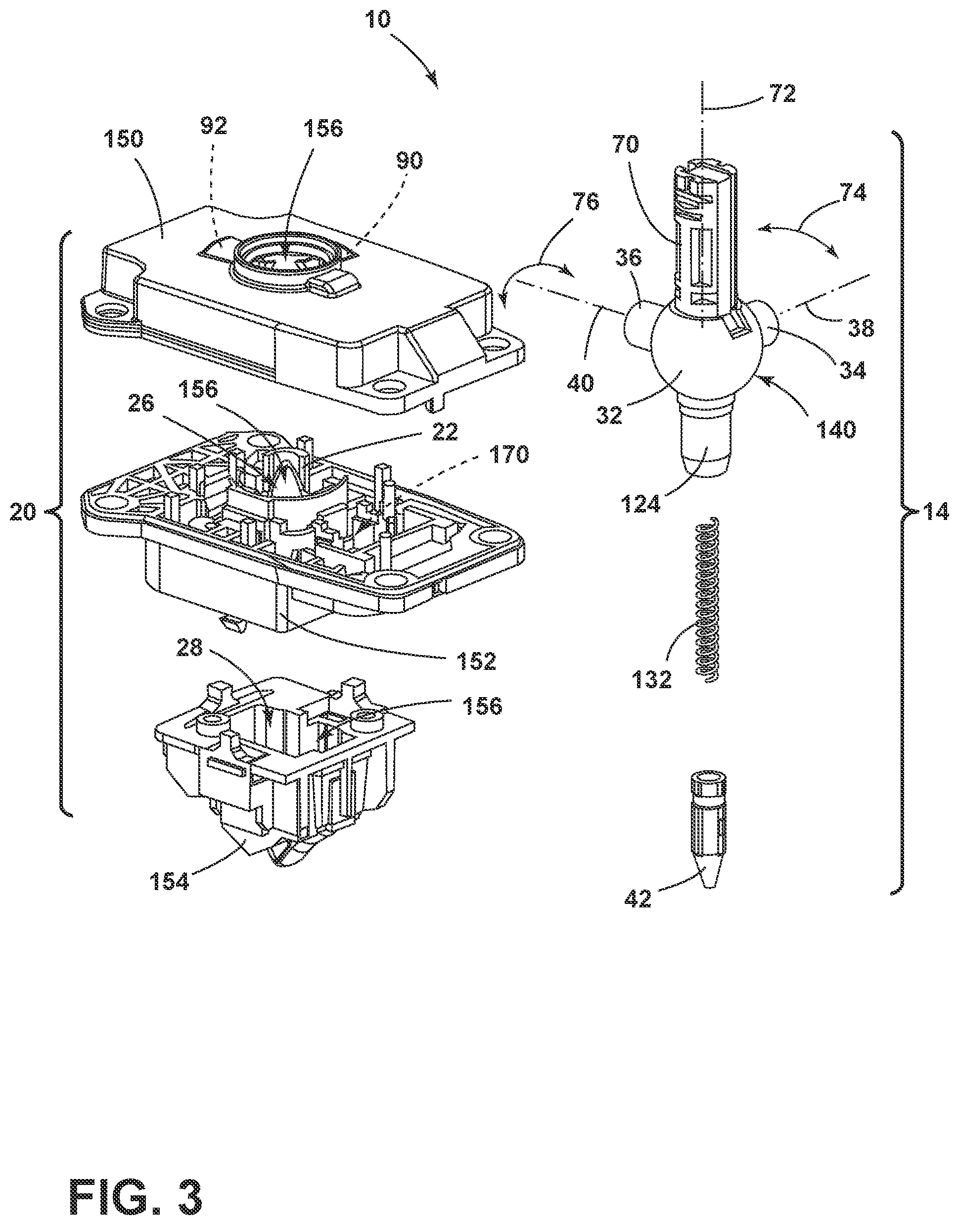 Patent US11781644 Figure 3 – Selector assembly having an internal ball joint and detent mechanism