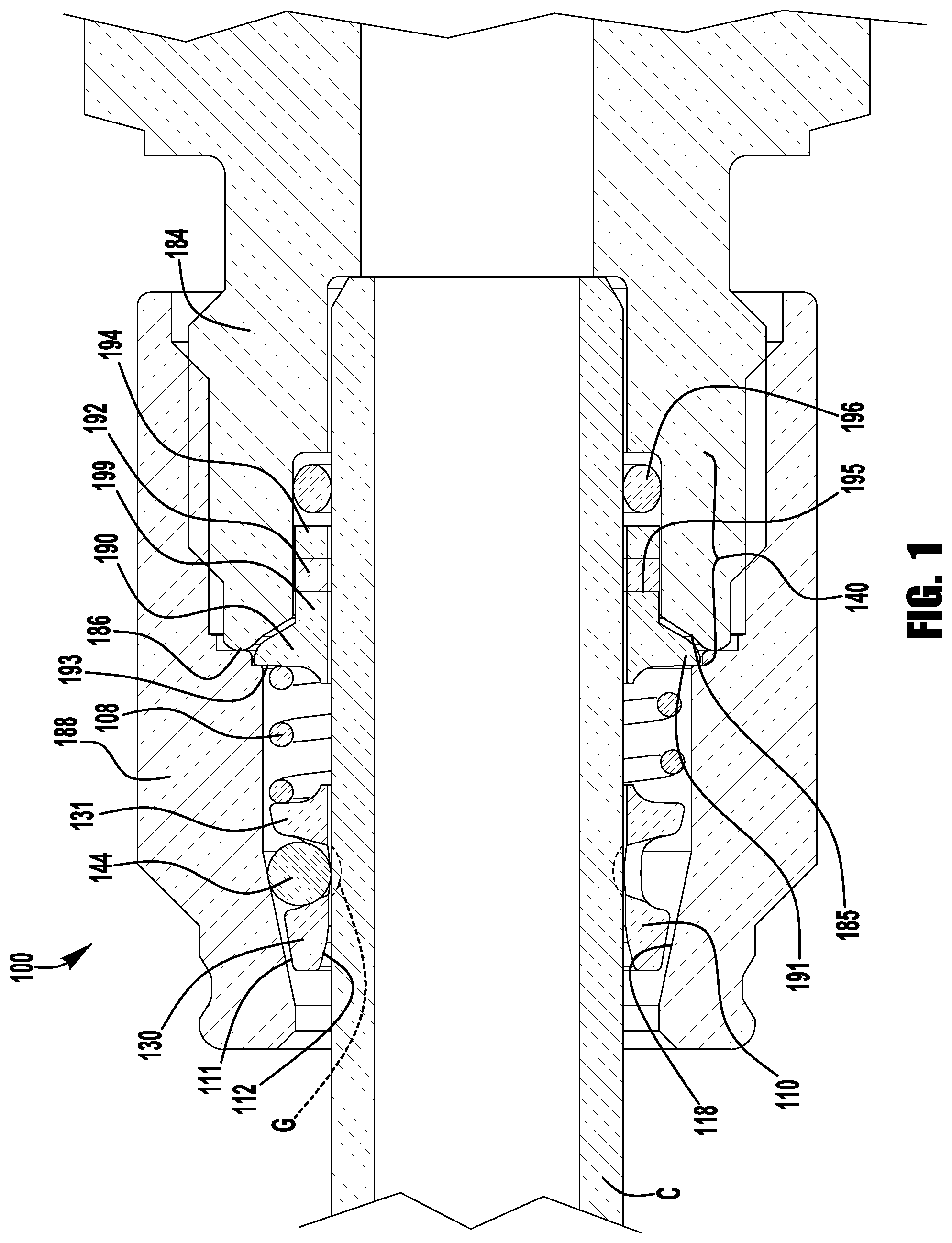 Patent US11781688 Figure 1 – Push to connect conduit fitting assemblies and arrangements