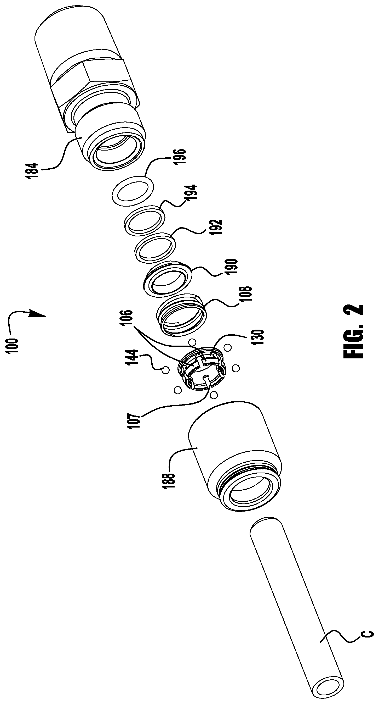 Patent US11781688 Figure 2 – Push to connect conduit fitting assemblies and arrangements