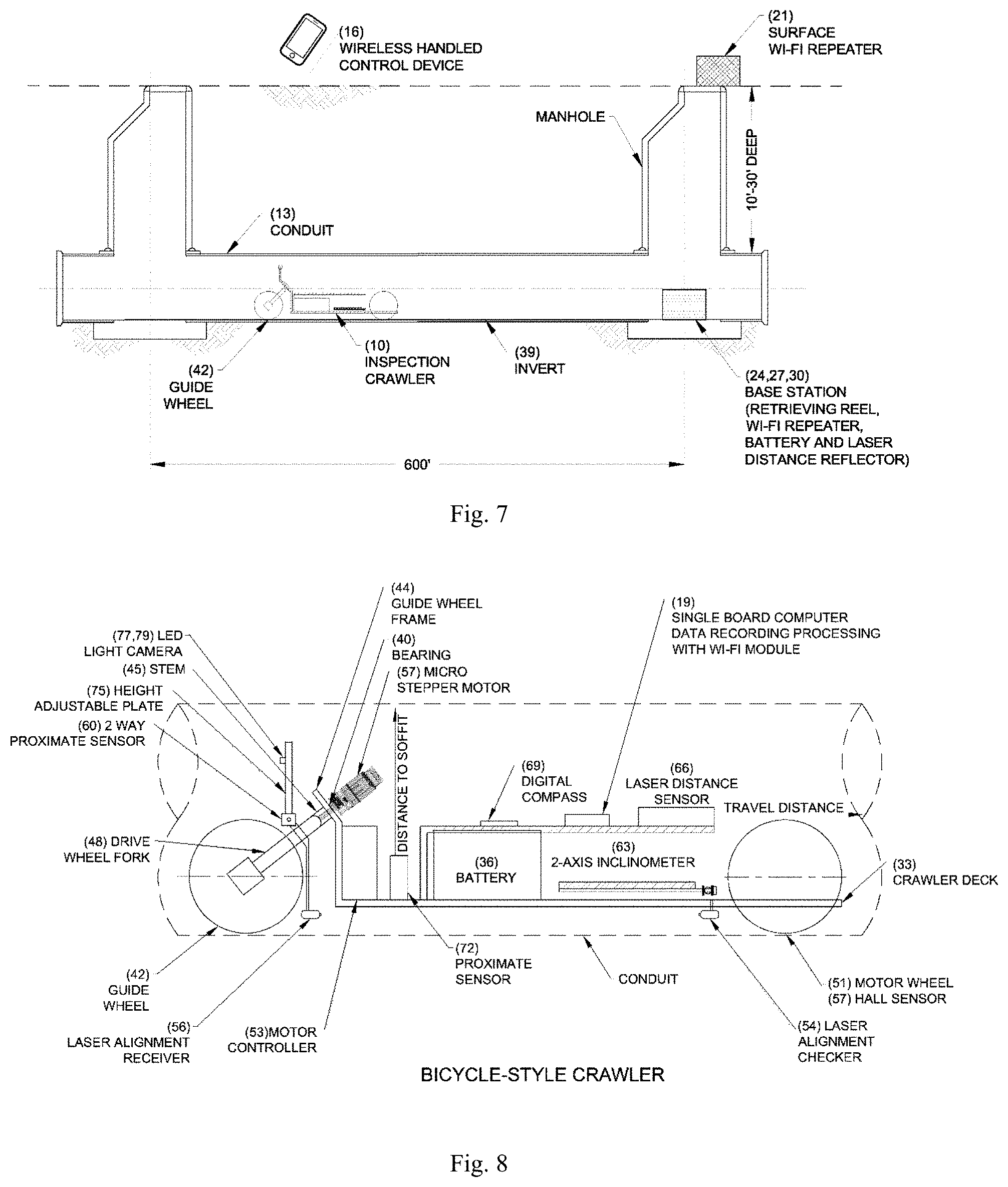 Patent US11781699 Figure 2 – Crawler for conduit line and grade inspection