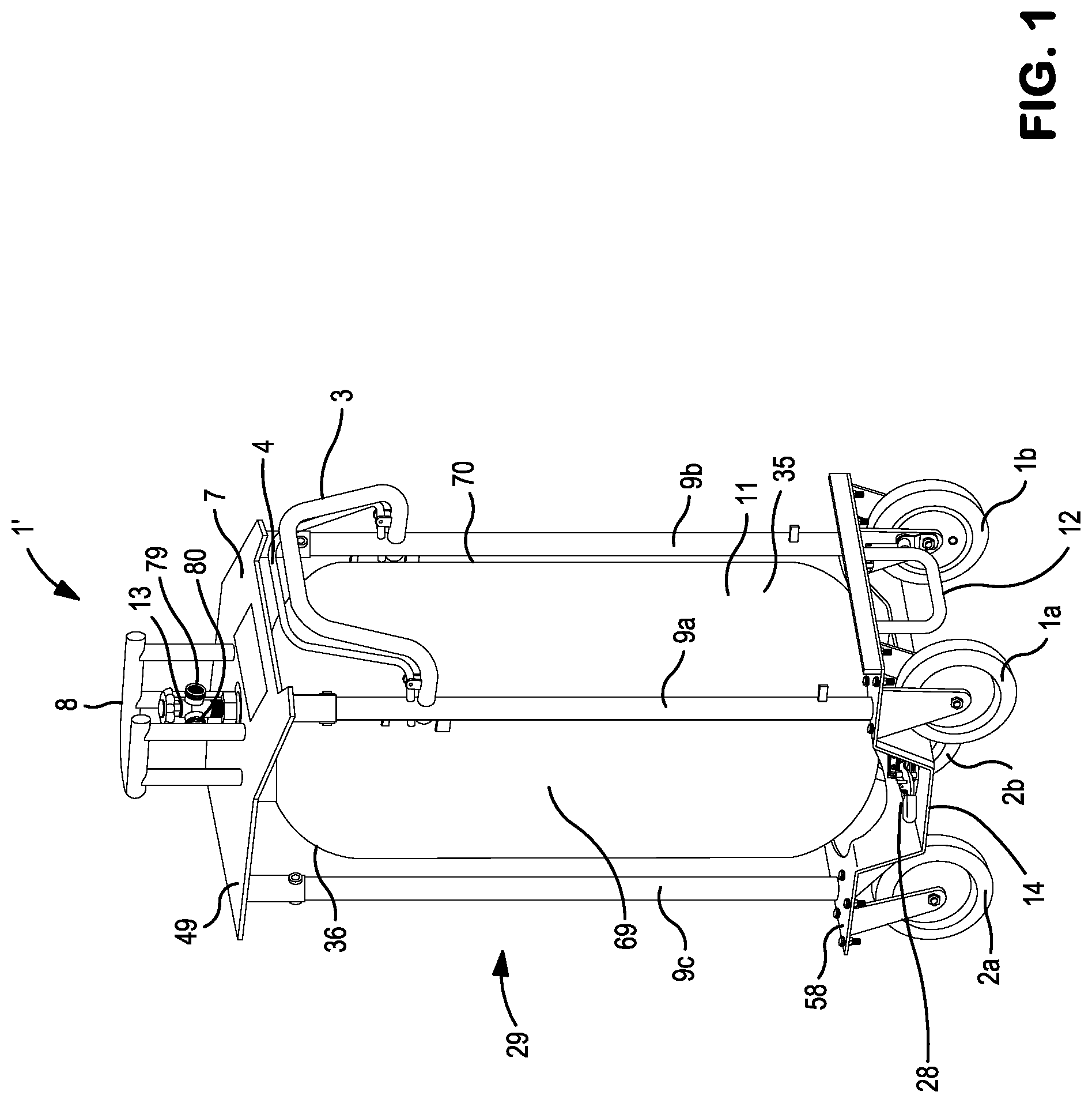 Patent US11781713 — Mobile support assembly for holding and transporting a container — Figure 1