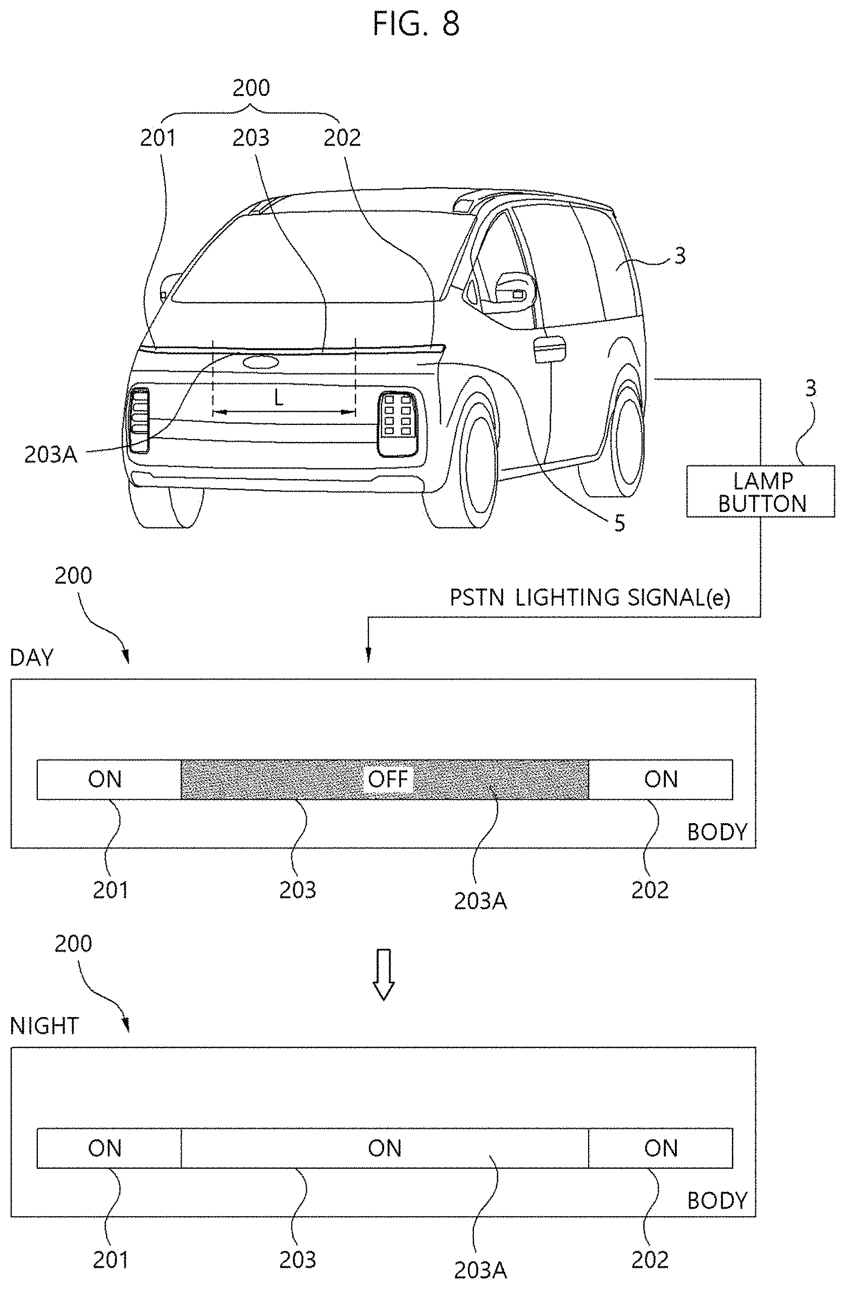 Patent US11781720 Figure 8 – Black image type hidden light lamp and vehicle having the same