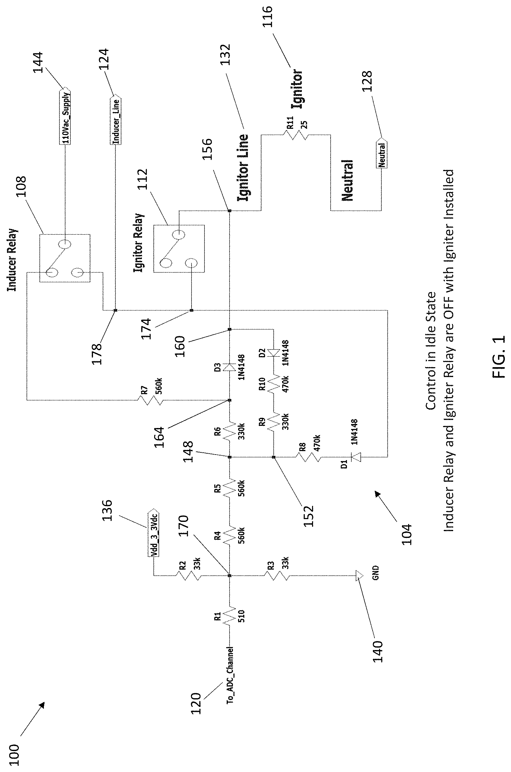 Patent US11781752 Figure 1 – Using diode rectification to determine igniter, inducer relay, and igniter relay faults