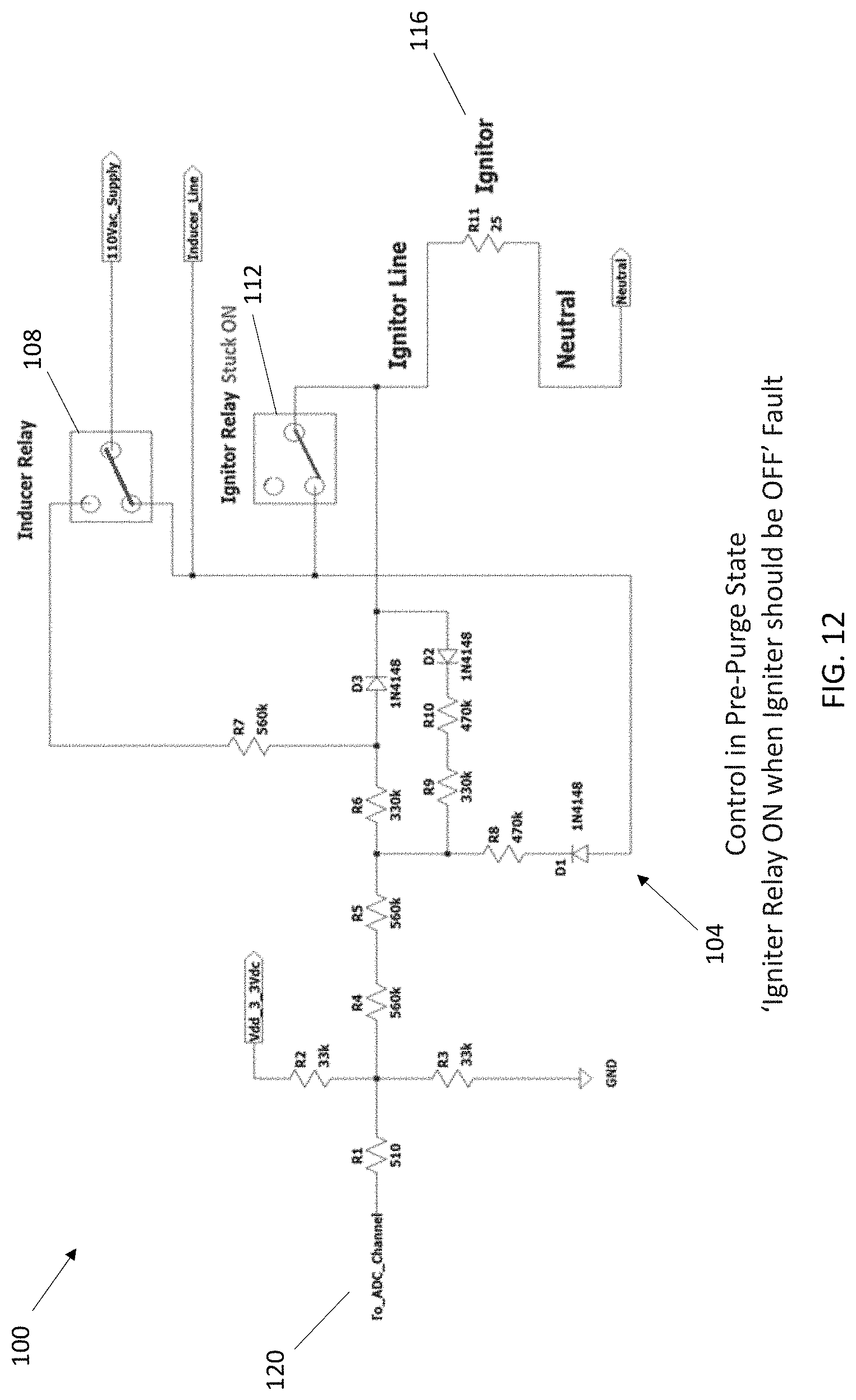 Patent US11781752 Figure 12 – Using diode rectification to determine igniter, inducer relay, and igniter relay faults
