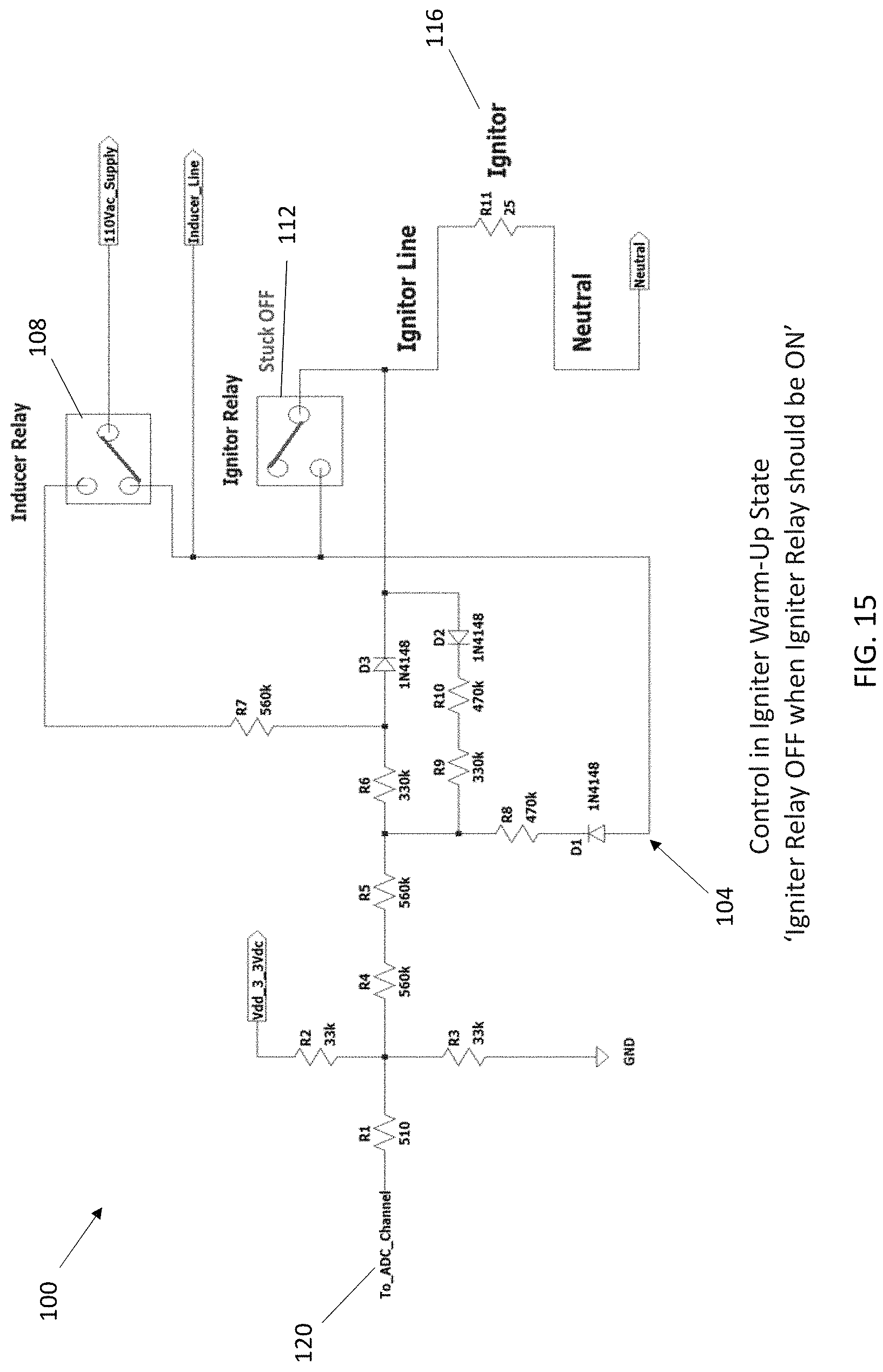 Patent US11781752 Figure 15 – Using diode rectification to determine igniter, inducer relay, and igniter relay faults