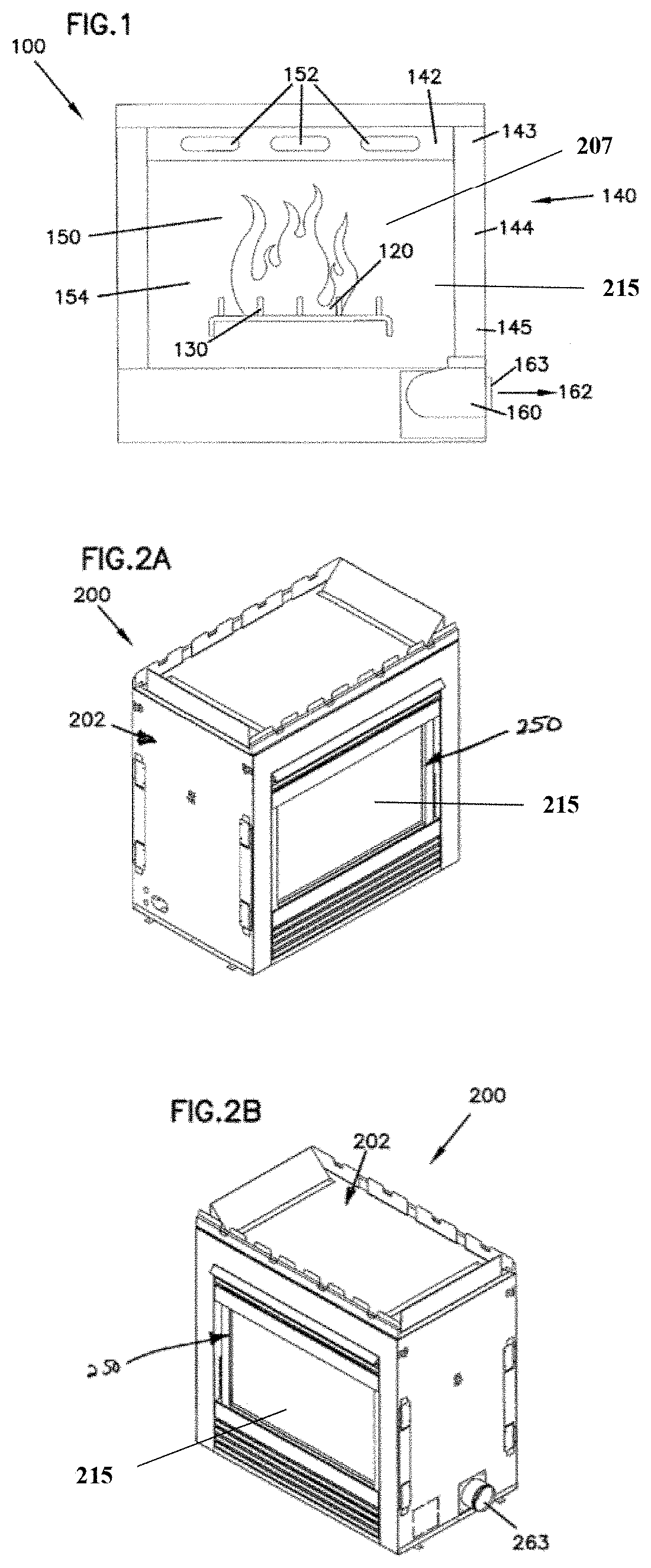 Patent US11781755 Figure 1 – Fireplace with controllable and image-bearing rear wall