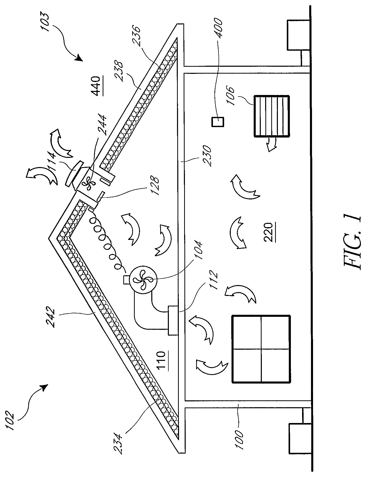 Patent US11781762 Figure 1 – Air cooling system for building structures with attic