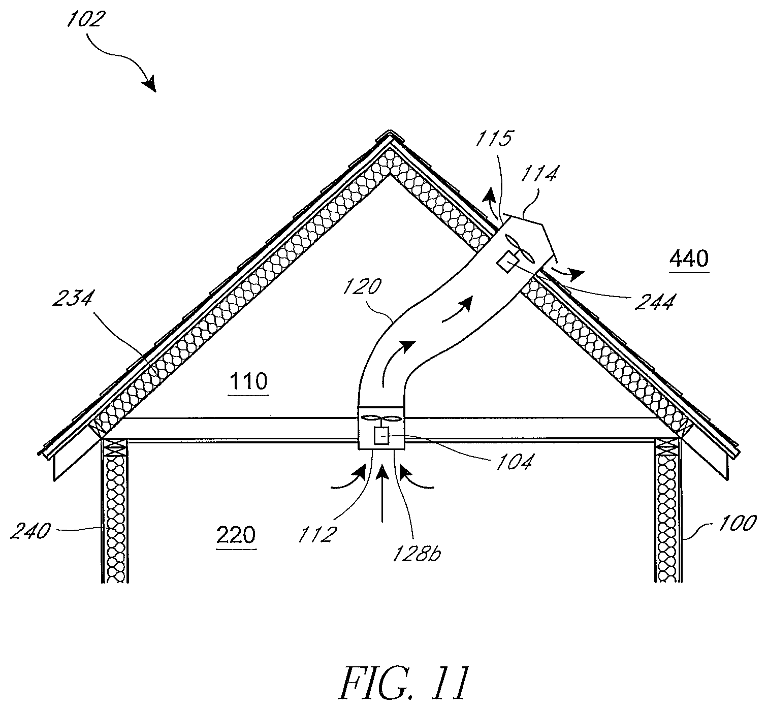 Patent US11781762 Figure 11 – Air cooling system for building structures with attic