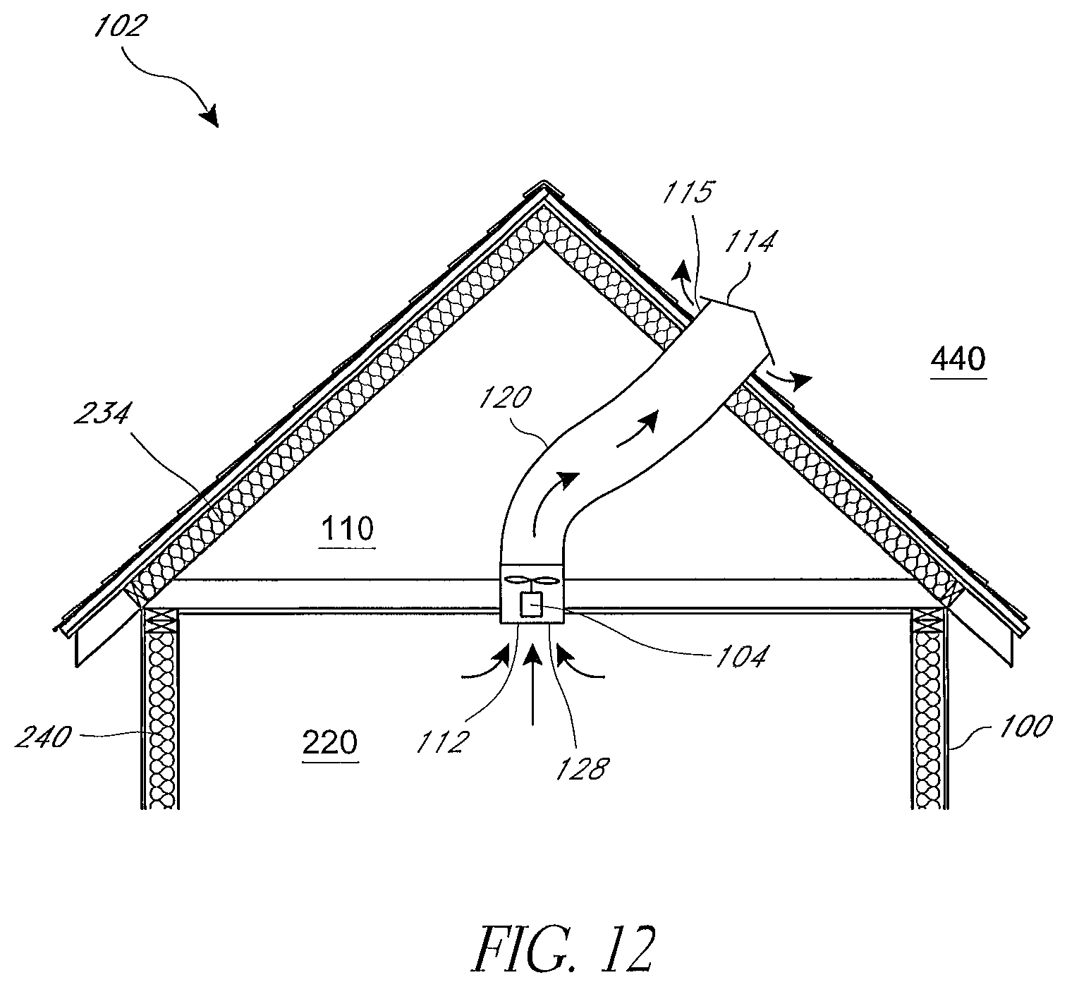 Patent US11781762 Figure 12 – Air cooling system for building structures with attic