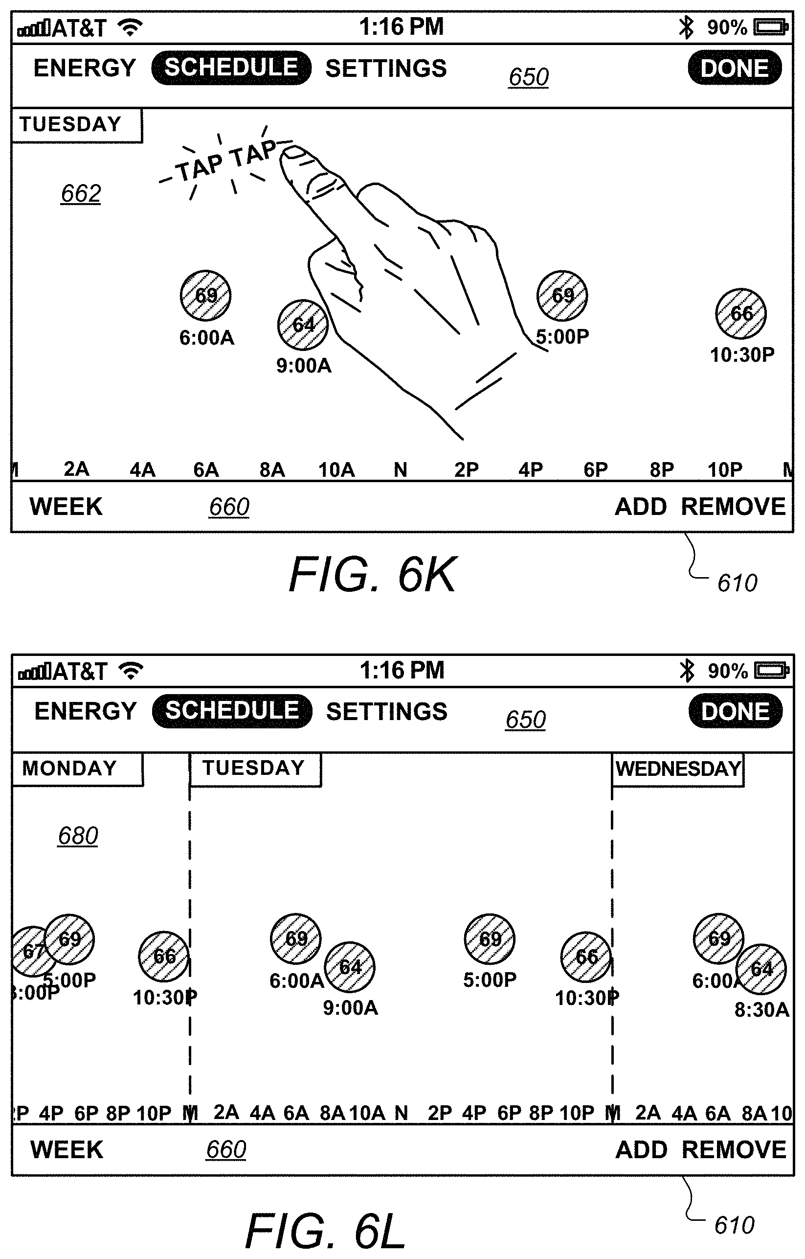 Patent US11781770 Figure 13 – User interfaces for schedule display and modification on smartphone or other space-limited touchscreen device