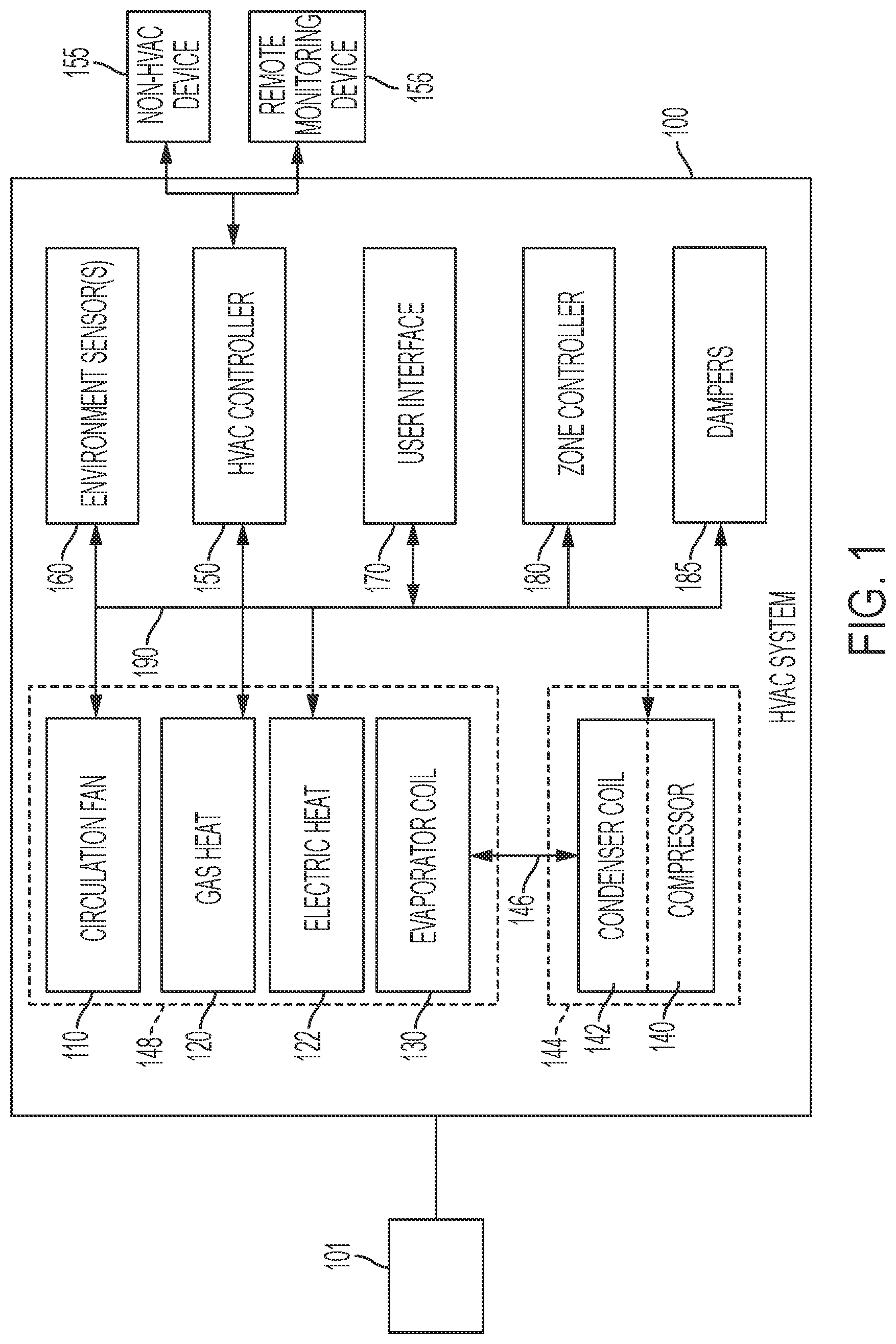 Patent US11781793 Figure 1 – Control systems and methods for preventing evaporator coil freeze