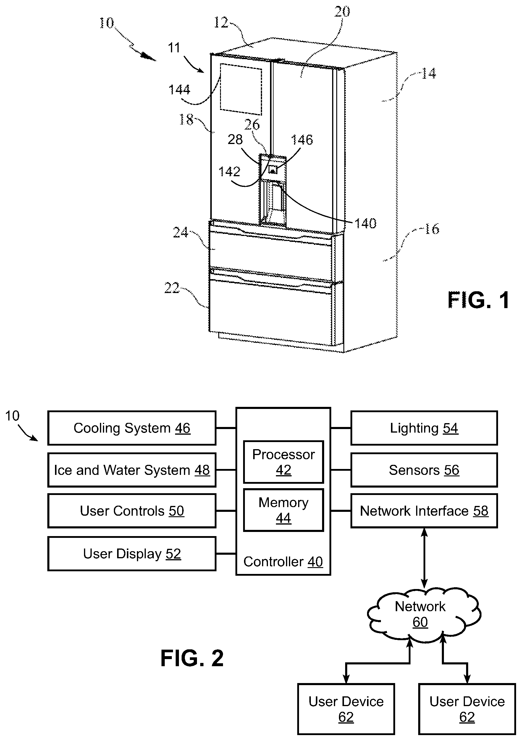 Patent US11781803 Figure 1 – Refrigerator with quick fill dispenser incorporating removable fluid storage receptacle