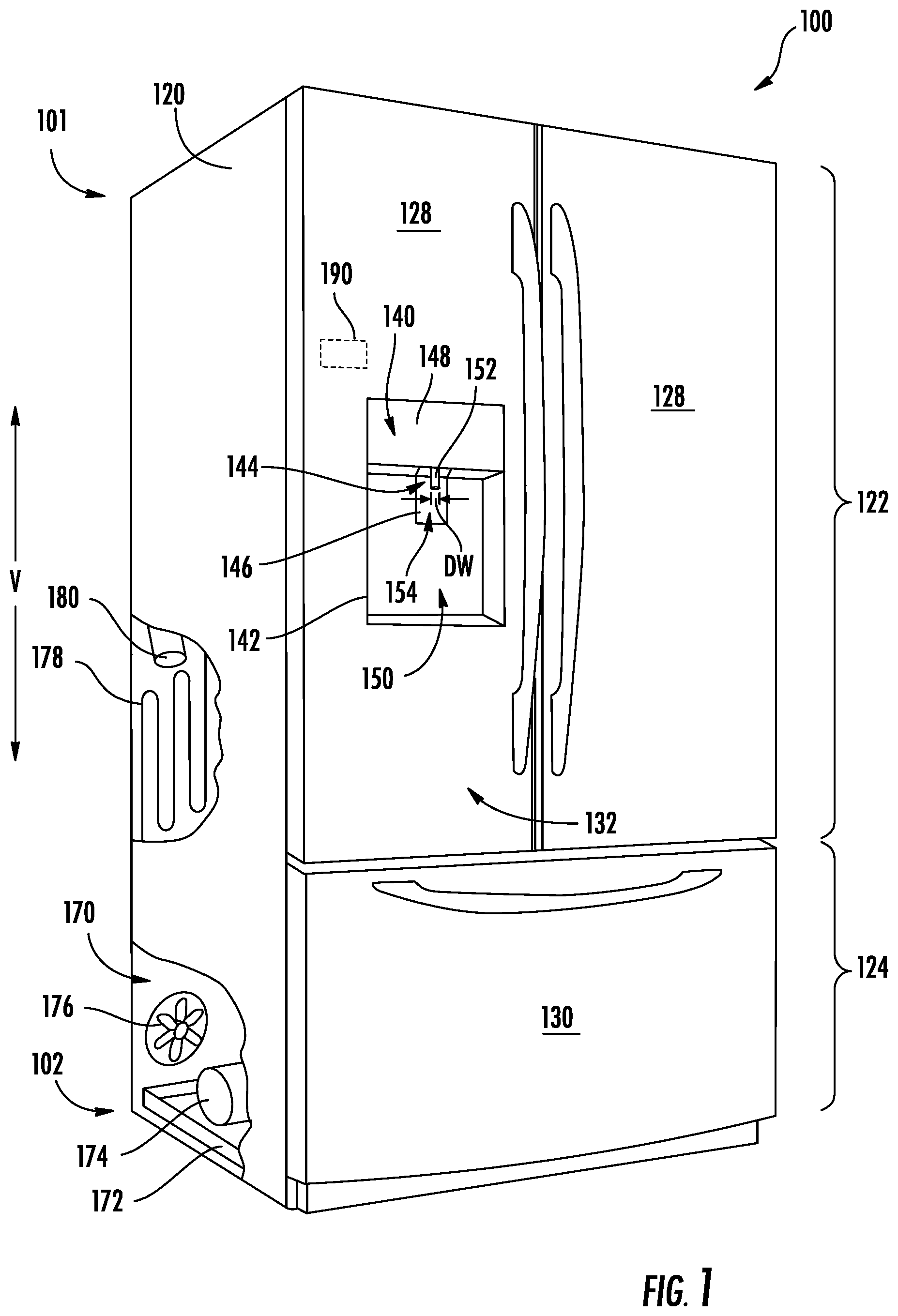 Patent US11781804 Figure 1 – Refrigerator appliance having a chilled dispensing assembly