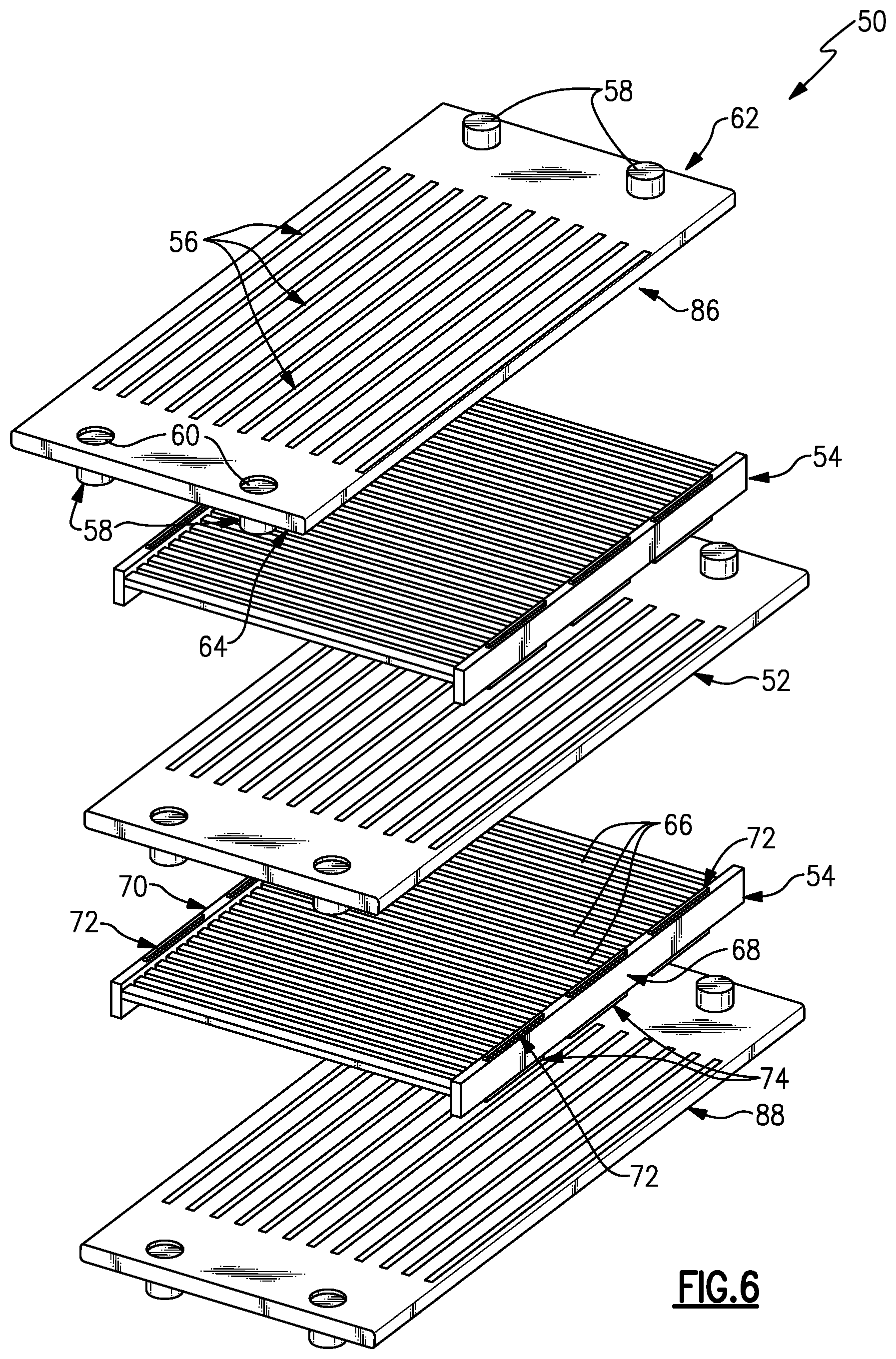 Patent US11781819 Figure 4 – Stackable core system for producing cast plate heat exchanger