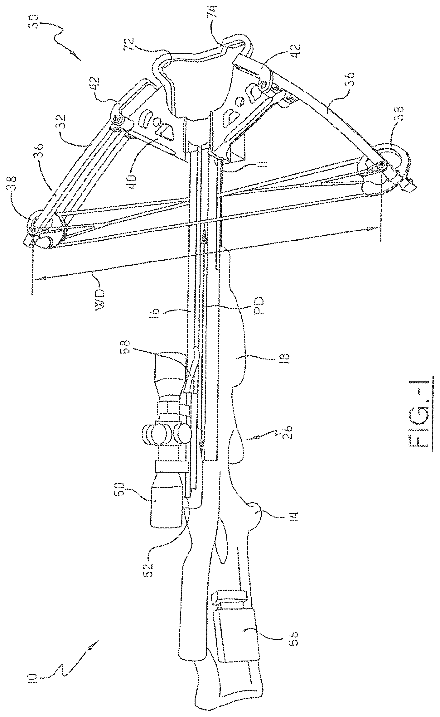 Patent US11781829 Figure 1 – Narrow crossbow with large power stroke
