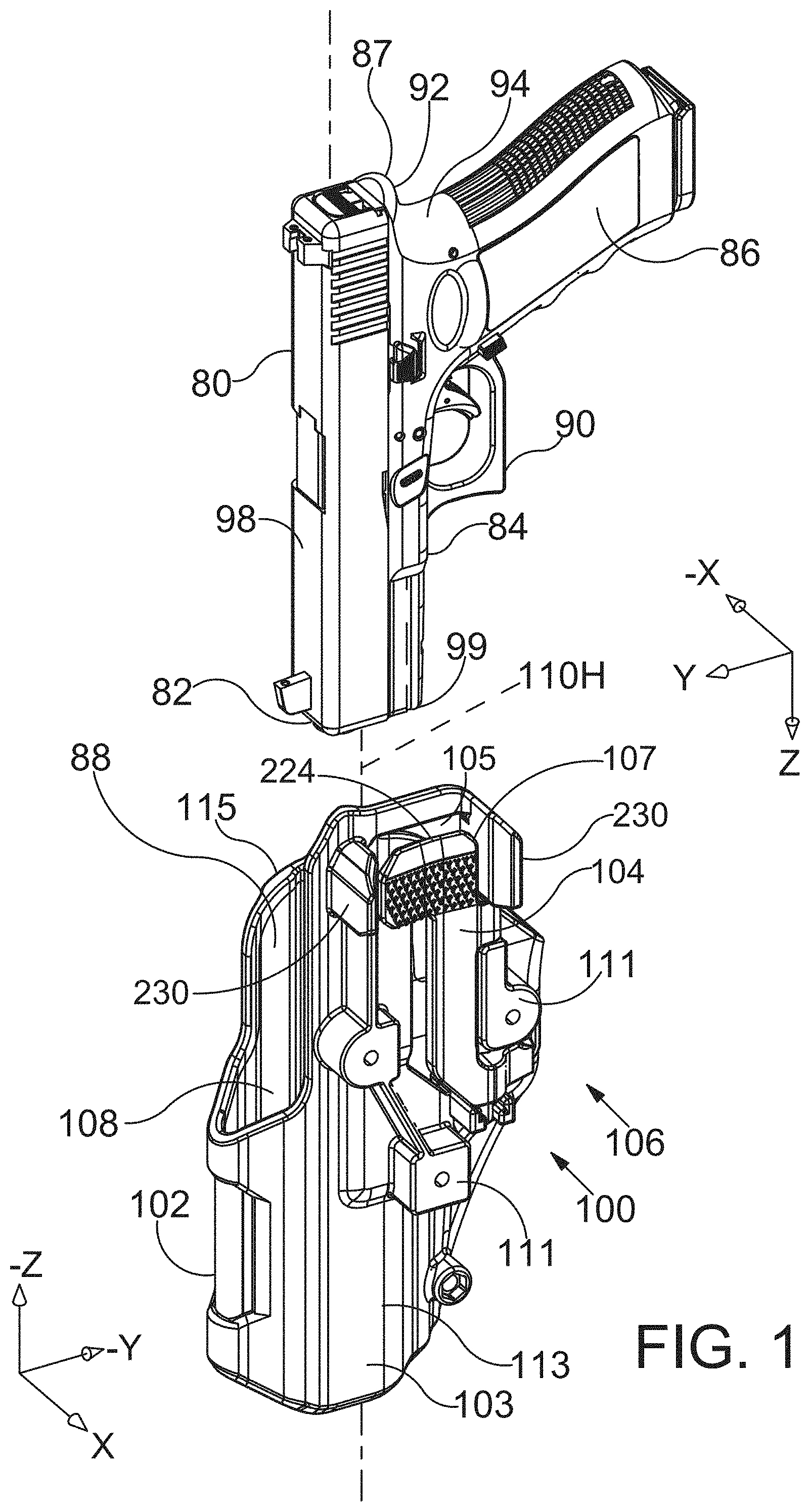 Patent US11781831 — Thumb-actuated locking holster system — Figure 1