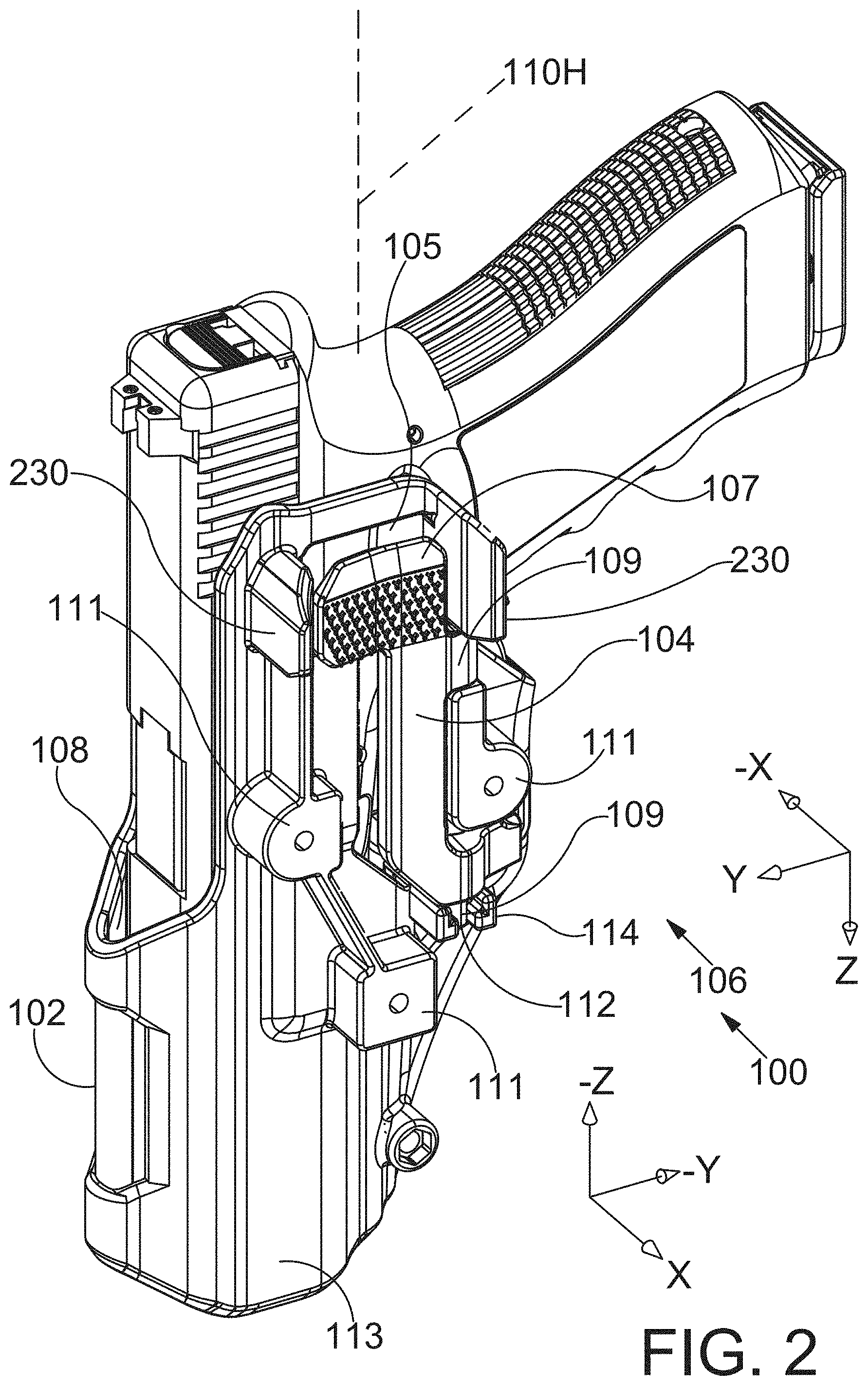 Patent US11781831 Figure 2 – Thumb-actuated locking holster system