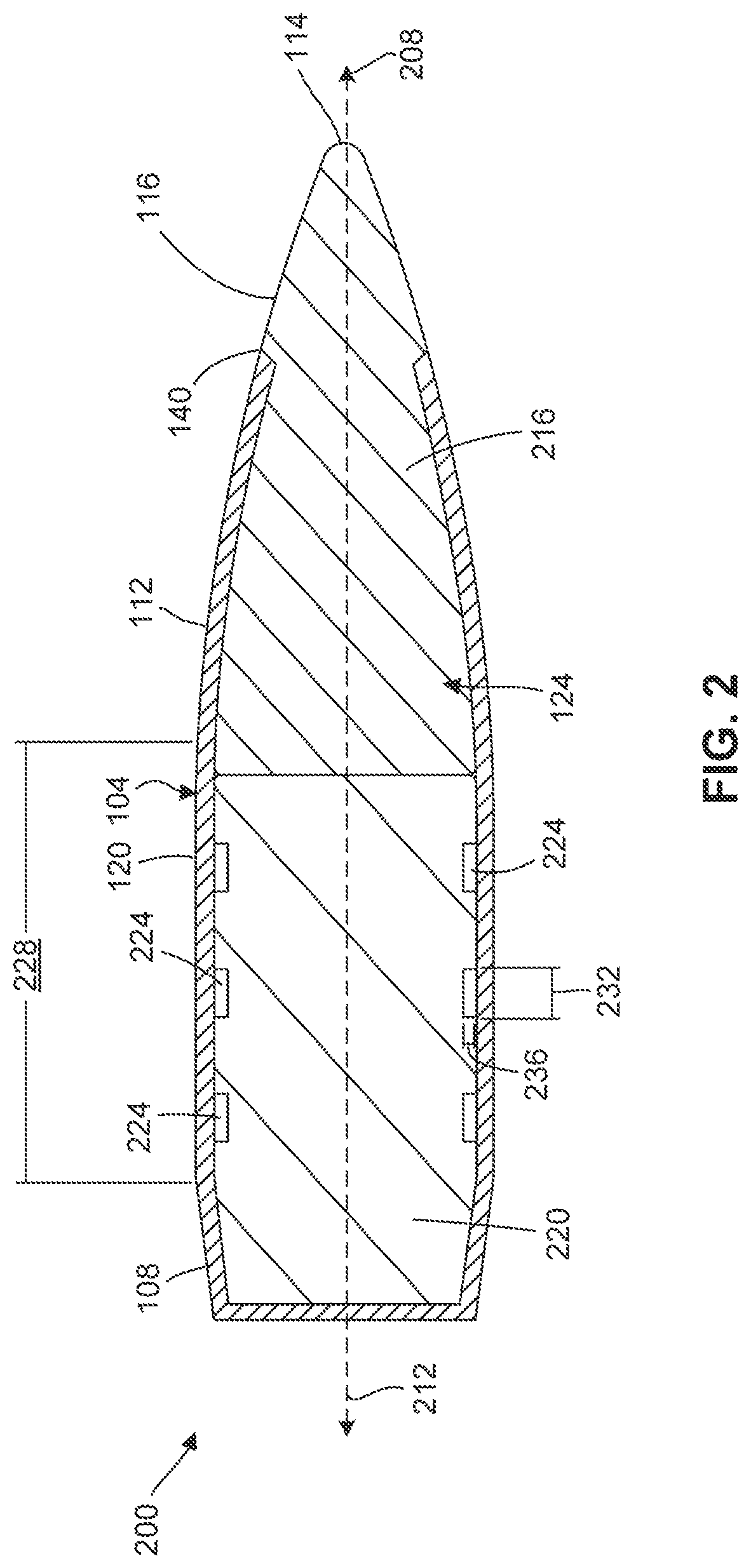 Patent US11781843 Figure 2 – Reduced stiffness barrel fired projectile