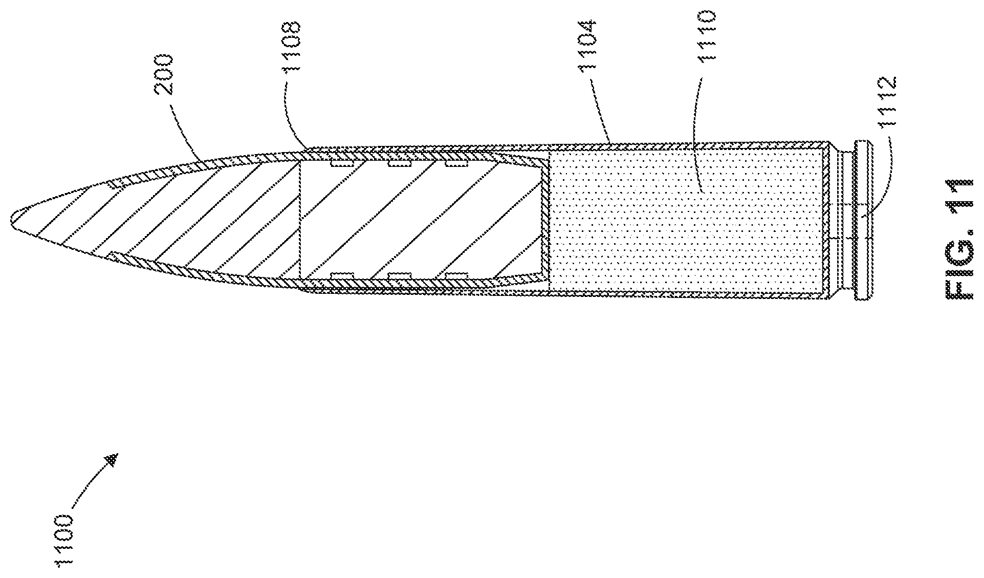 Patent US11781843 Figure 14 – Reduced stiffness barrel fired projectile