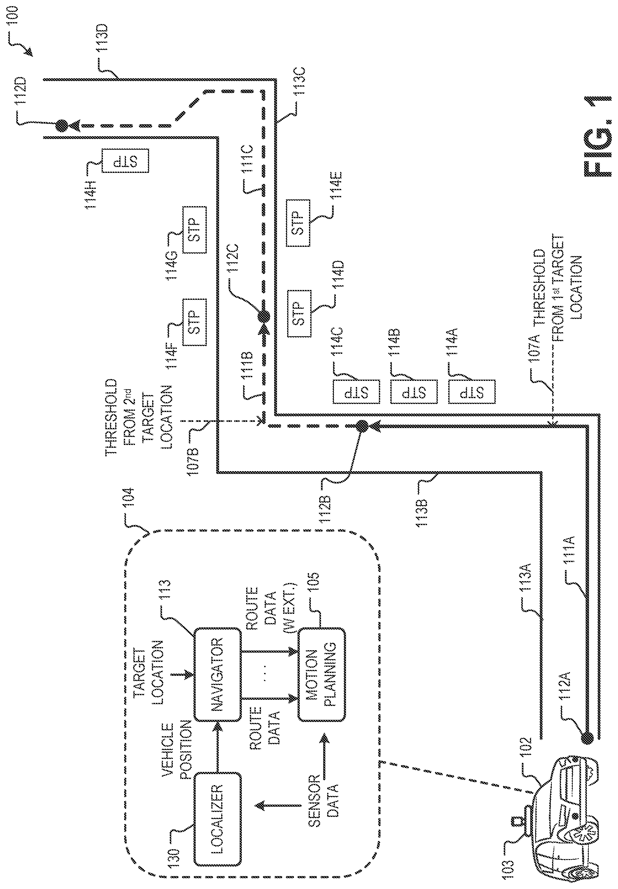 Patent US11781872 Figure 1 – Autonomous vehicle routing with route extension