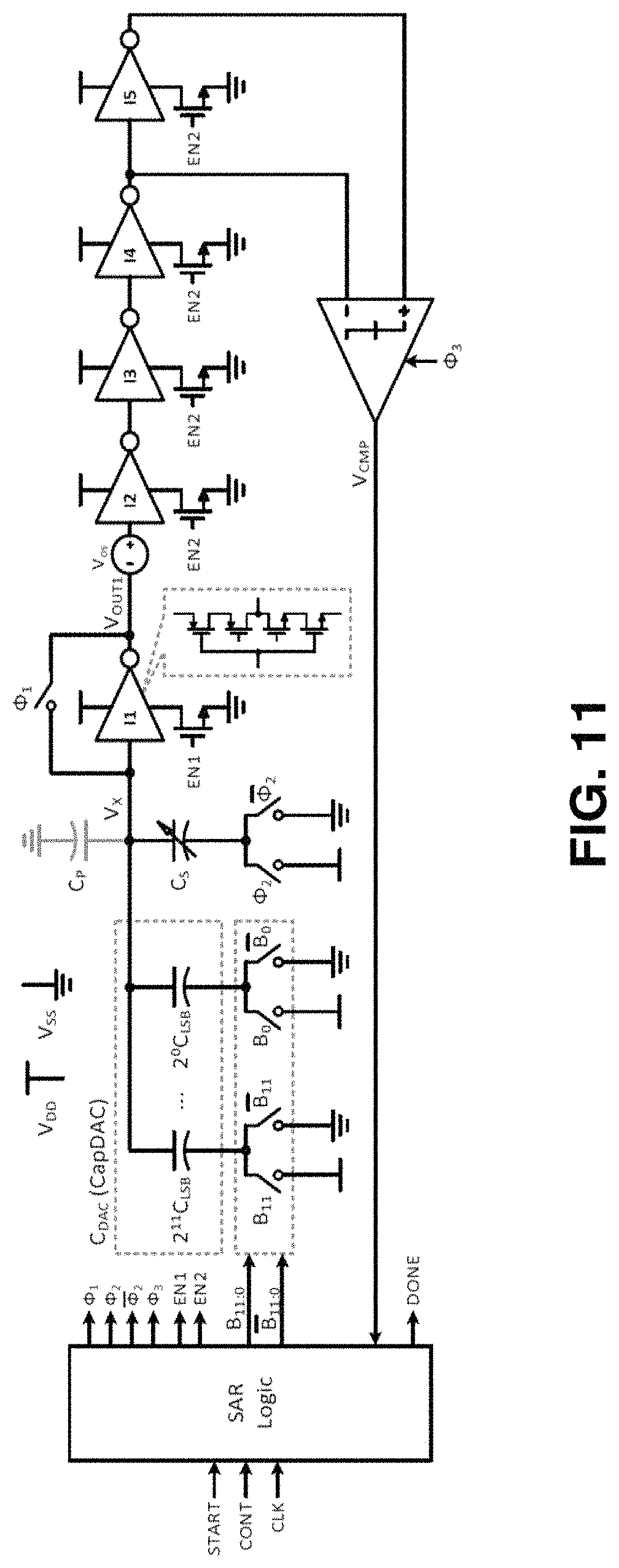 Patent US11781885 Figure 11 – Inverter-based successive approximation capacitance-to-digital converter