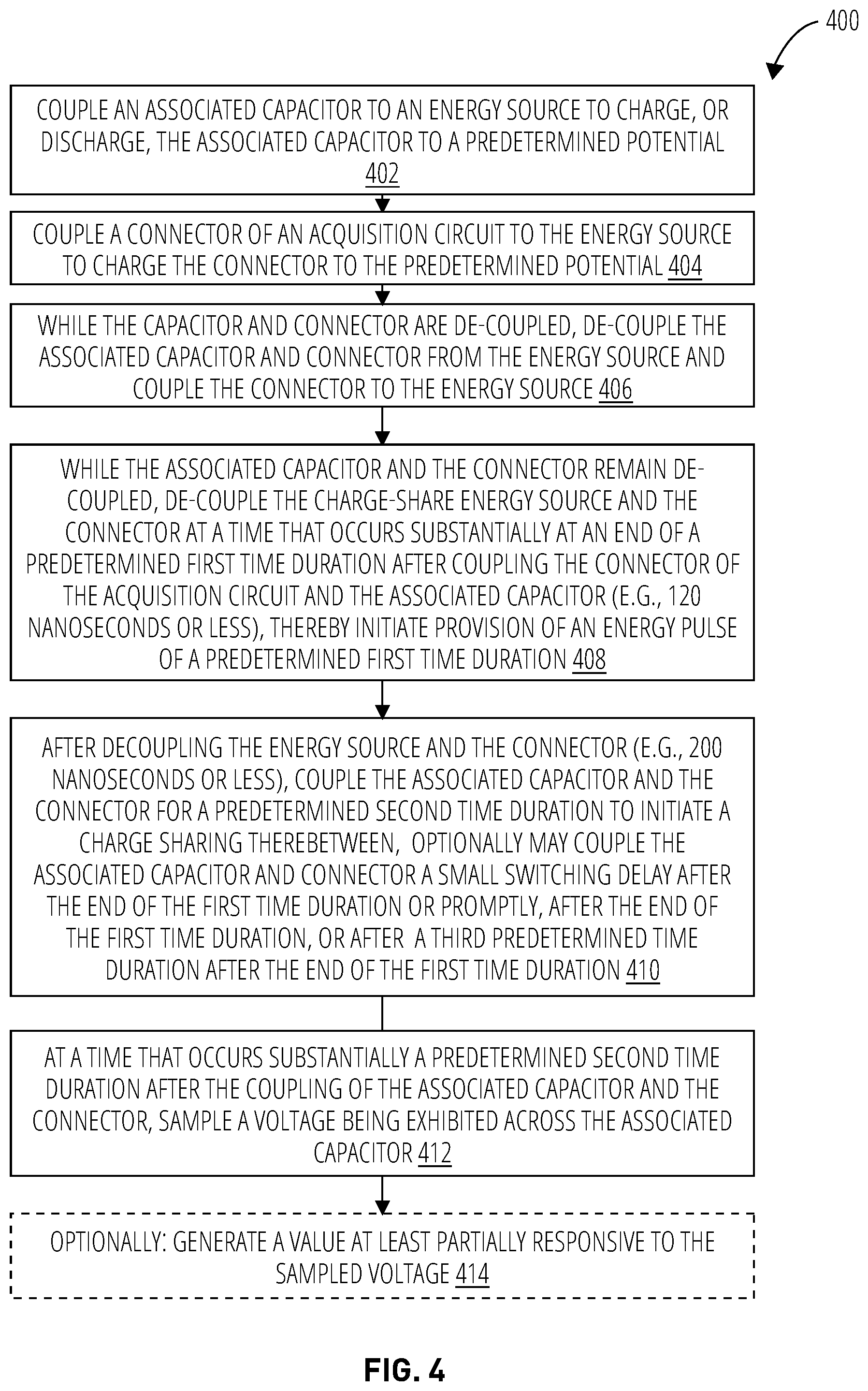 Patent US11781886 Figure 4 – Voltage sampling using an energy pulse, and related systems, methods and devices