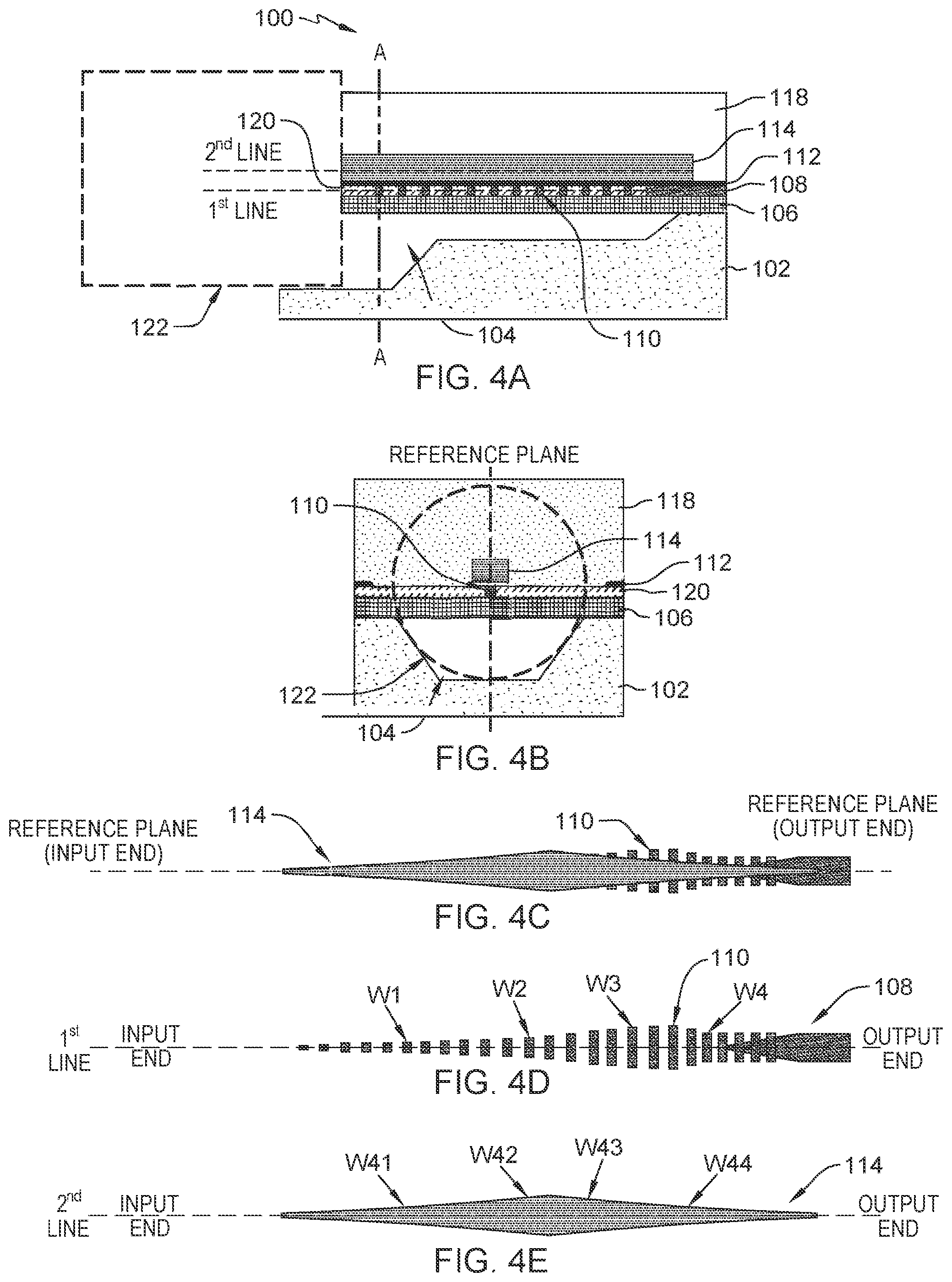 Patent US11782214 Figure 4 – Optical fiber coupler having hybrid tapered waveguide segments and metamaterial segments
