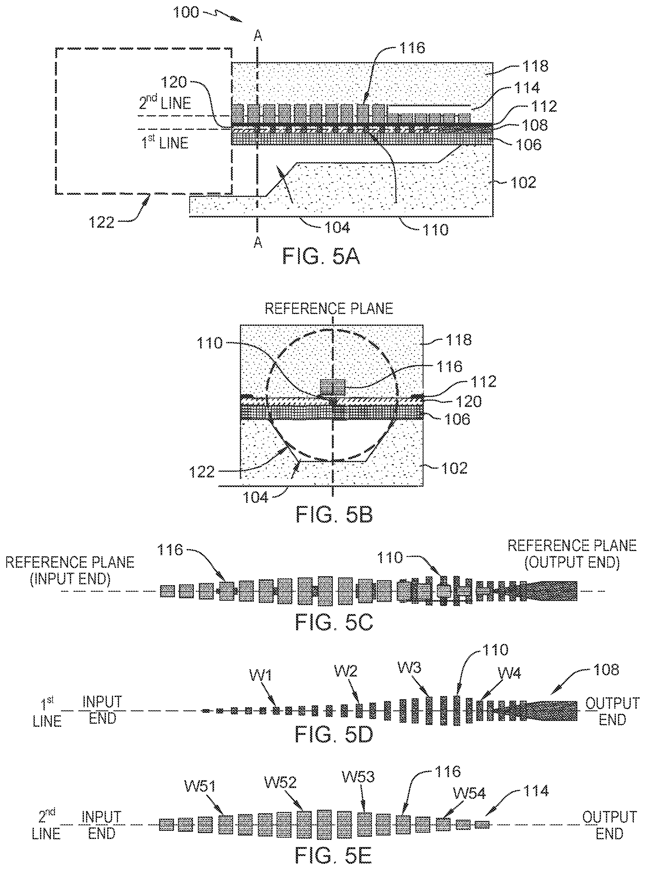 Patent US11782214 Figure 5 – Optical fiber coupler having hybrid tapered waveguide segments and metamaterial segments