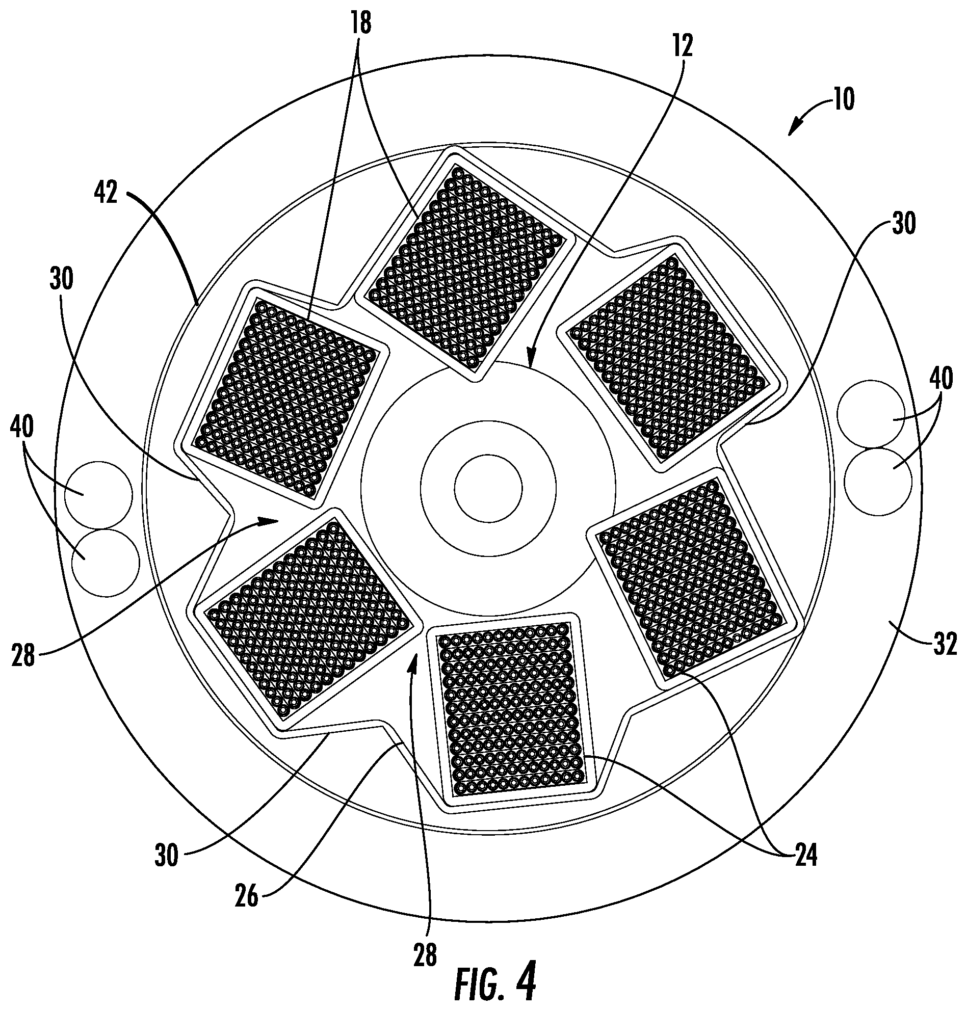 Patent US11782229 Figure 4 – SZ stranded tight-buffered ribbon stacks with binder film
