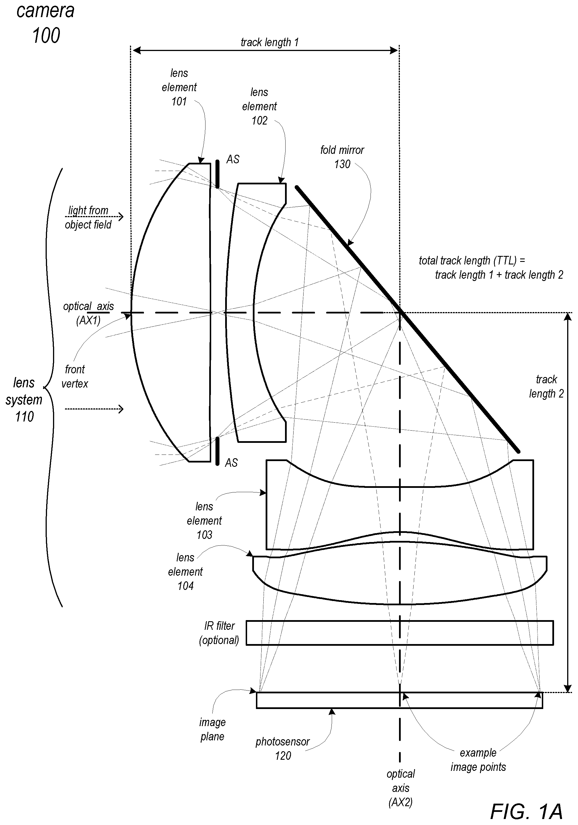 Patent US11782240 Figure 1 – Folded telephoto camera lens system