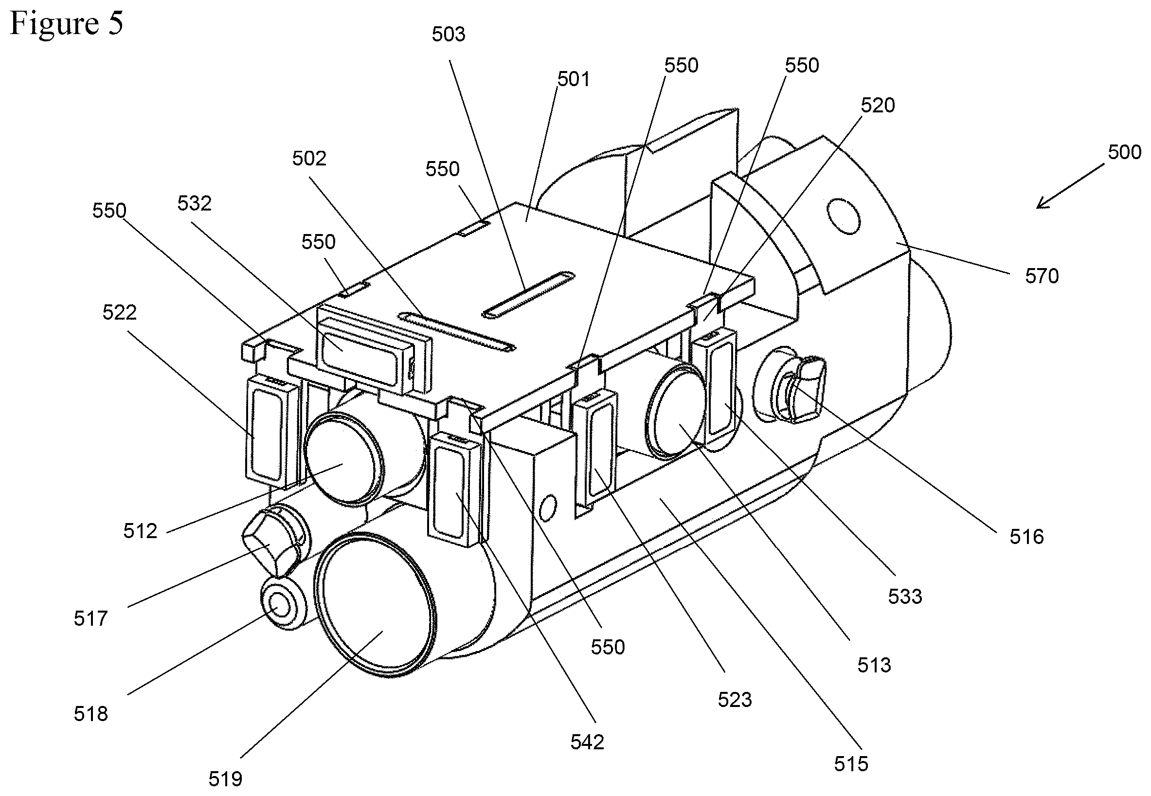 Patent US11782259 Figure 5 – Circuit board assembly for a multiple viewing elements endoscope using CMOS sensors