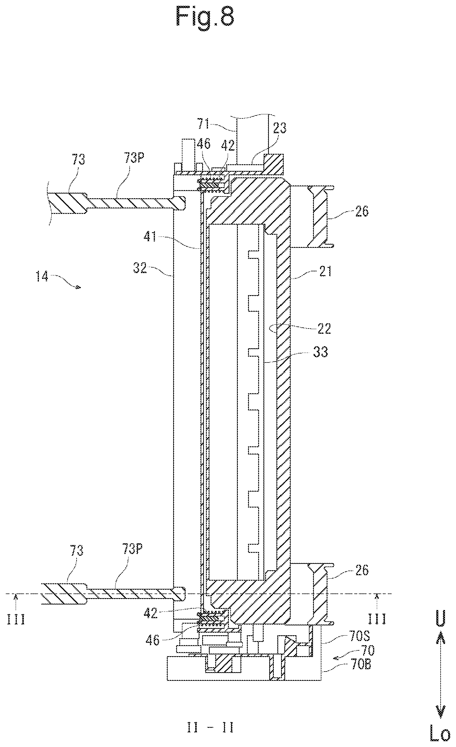 Patent US11782358 Figure 8 – Developing agent filling device that releases developing roller from pressure of regulation blade, and developing agent filling method