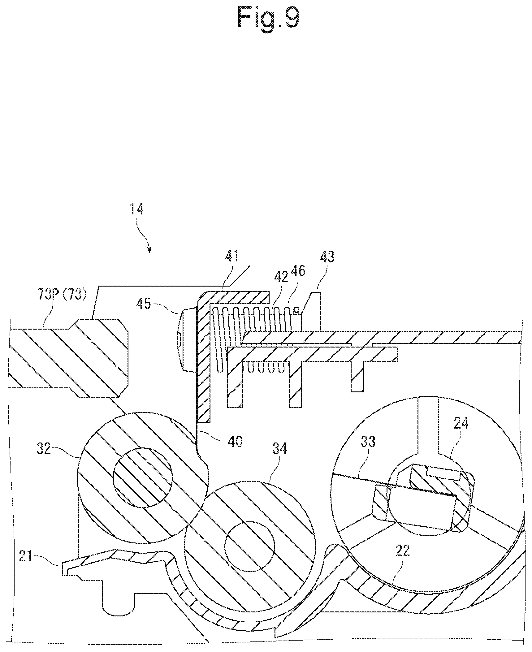 Patent US11782358 Figure 9 – Developing agent filling device that releases developing roller from pressure of regulation blade, and developing agent filling method