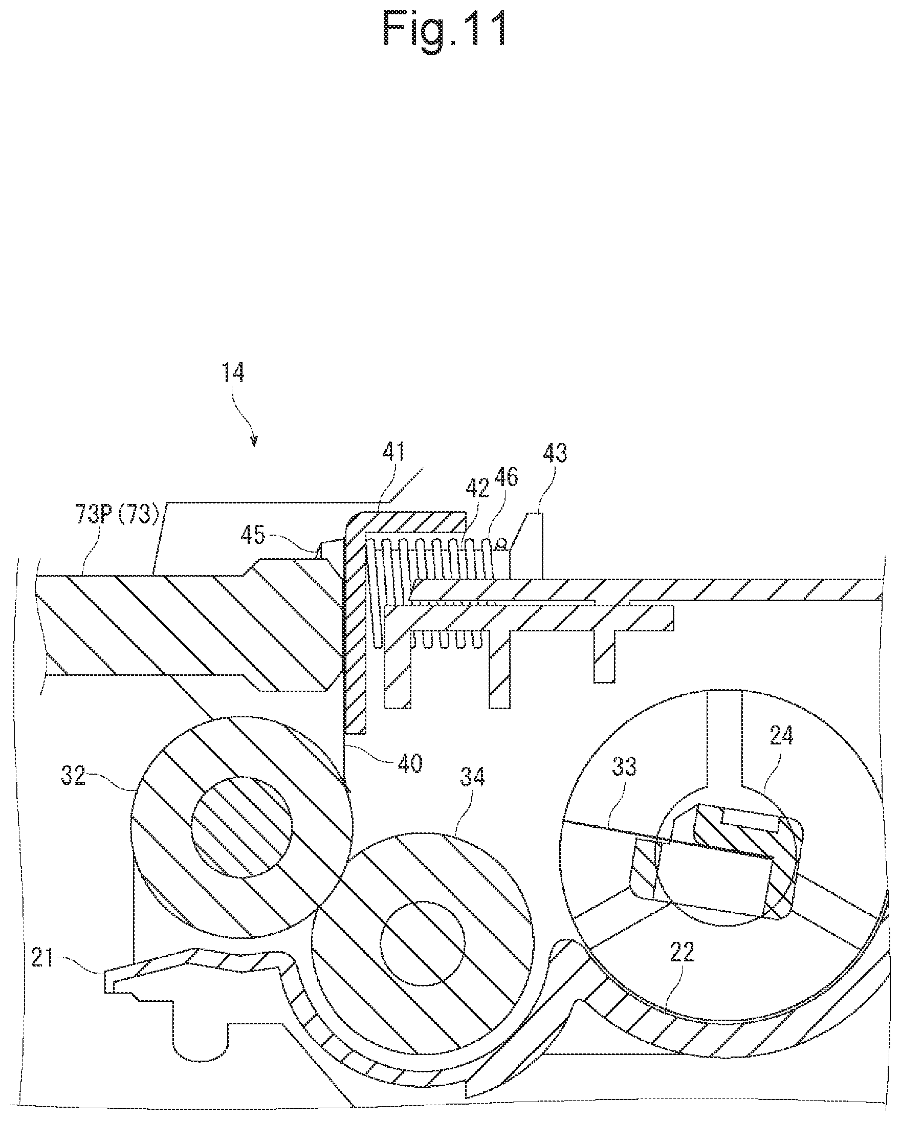 Patent US11782358 Figure 11 – Developing agent filling device that releases developing roller from pressure of regulation blade, and developing agent filling method
