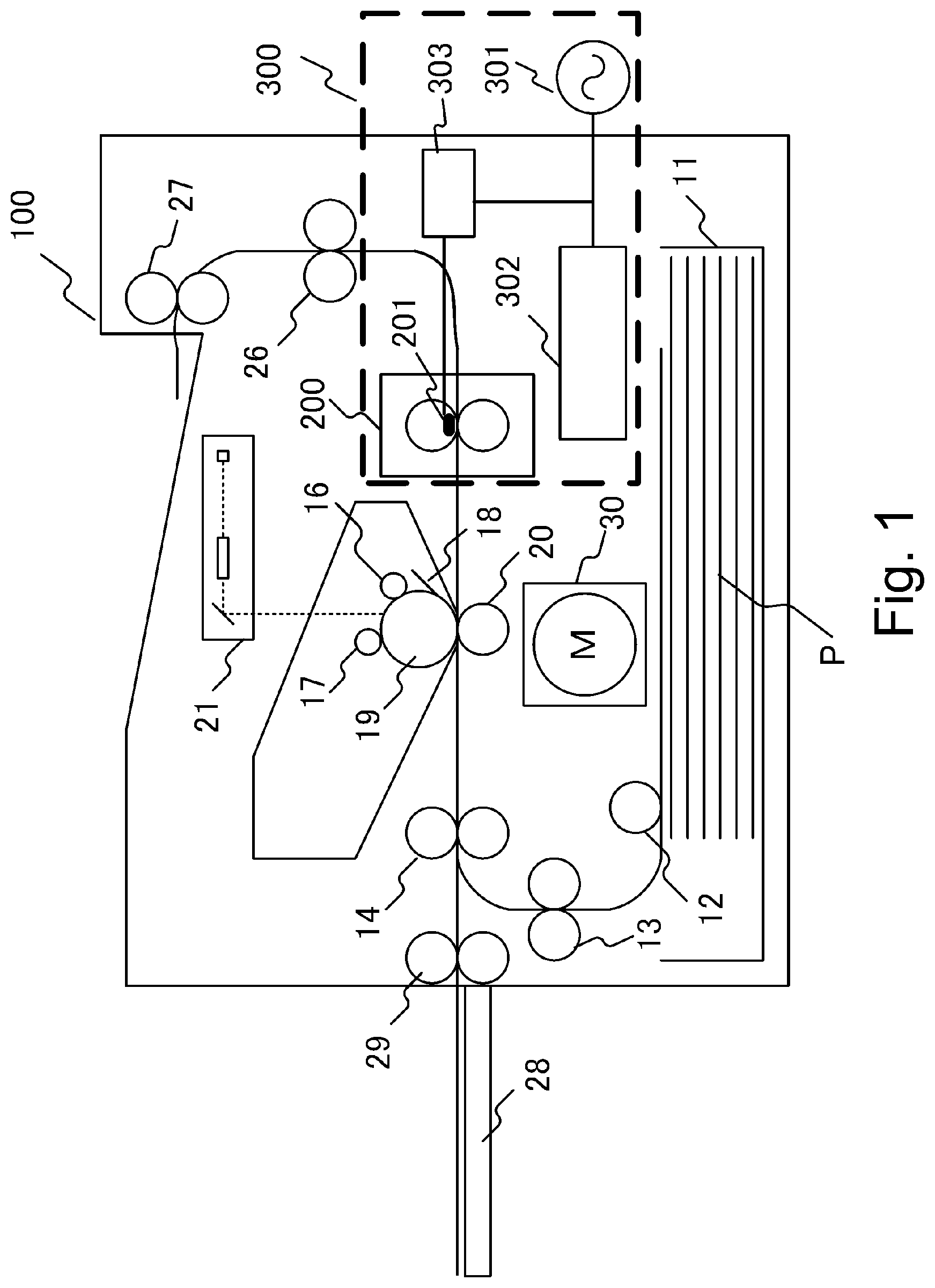 Patent US11782375 Figure 1 – Image forming apparatus with fixing unit powered by reduced harmonic switching