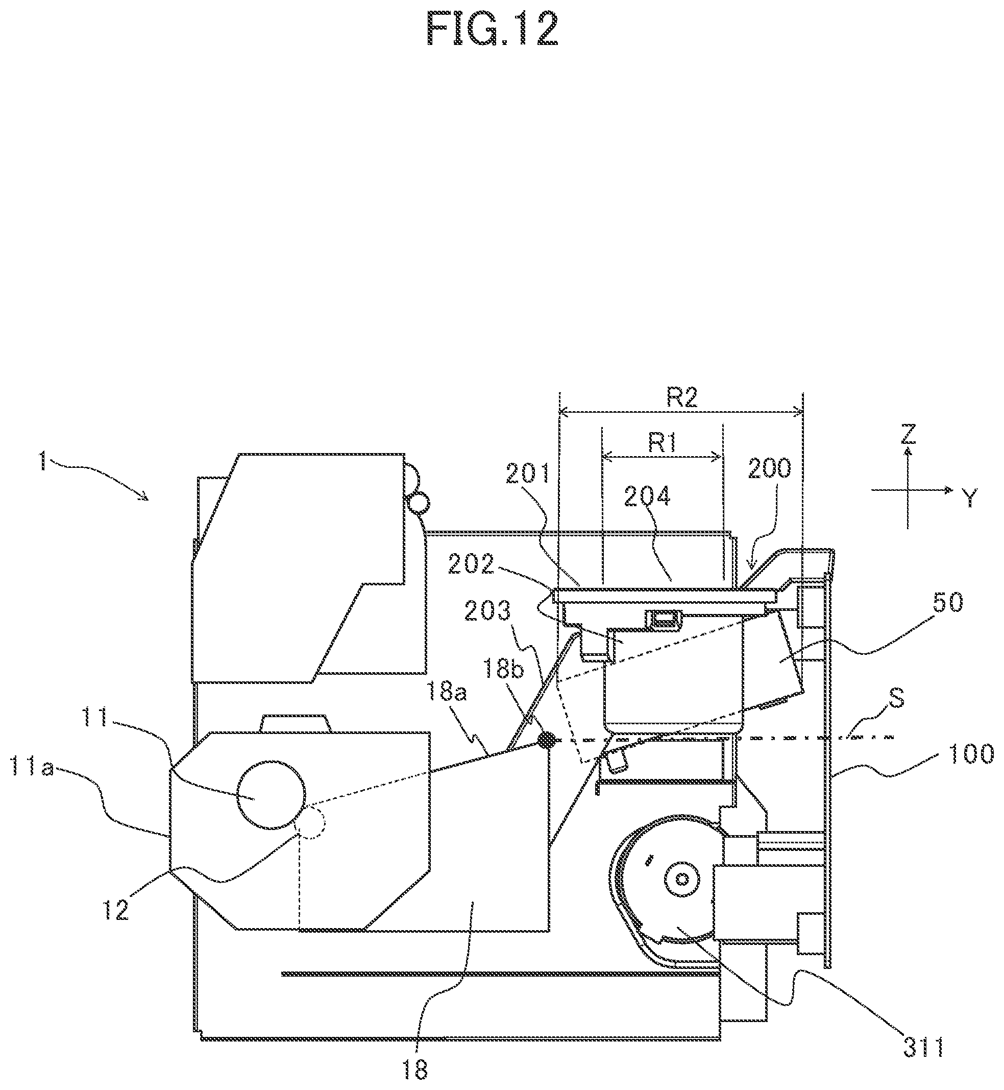 Patent US11782378 Figure 12 – Image forming apparatus provided with detachable processing unit