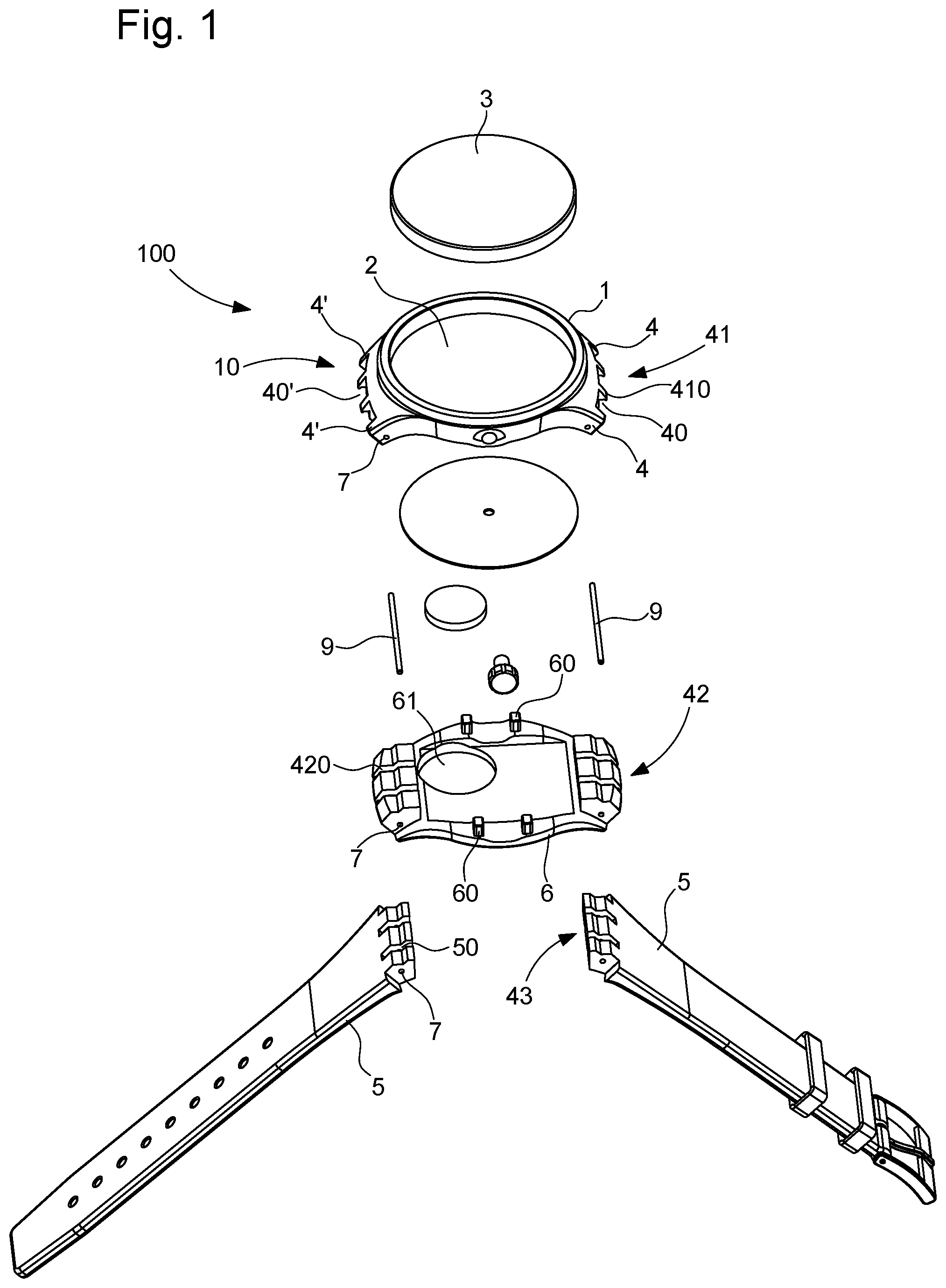 Patent US11782390 Figure 1 – Watch case equipped with an exterior element