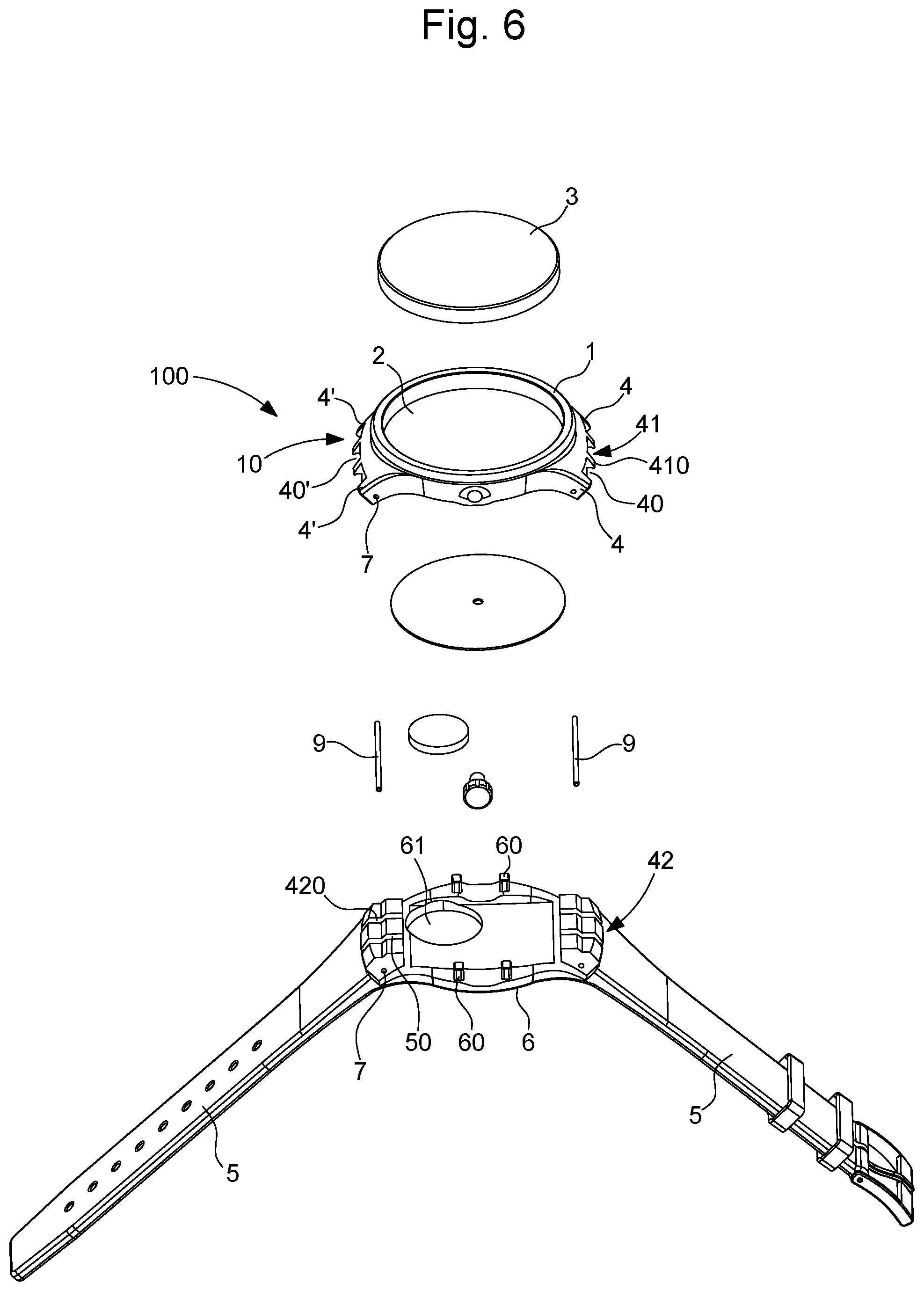 Patent US11782390 Figure 5 – Watch case equipped with an exterior element