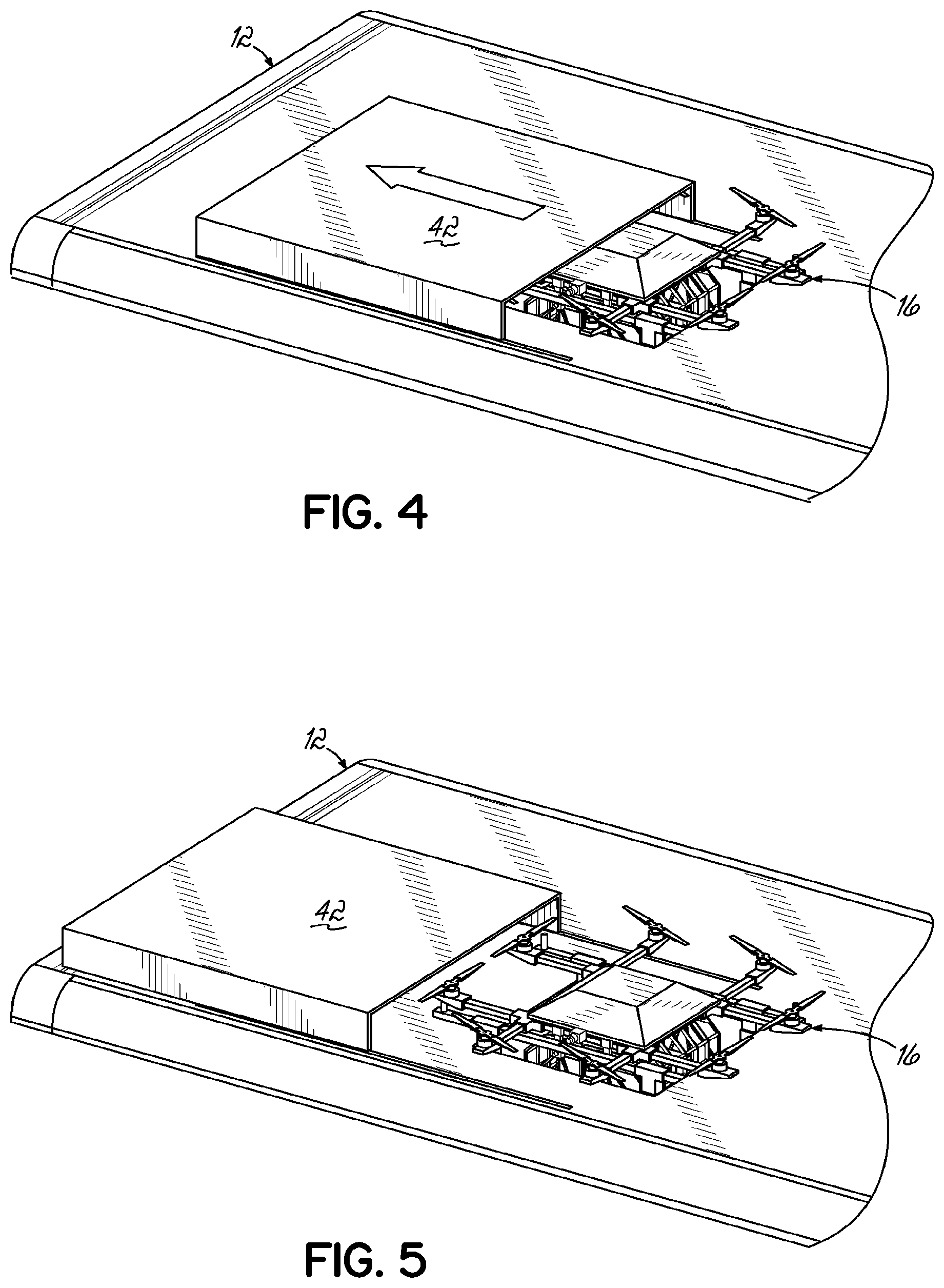 Patent US11782457 Figure 4 – Package delivery by means of an automated multi-copter UAS/UAV dispatched from a conventional delivery vehicle