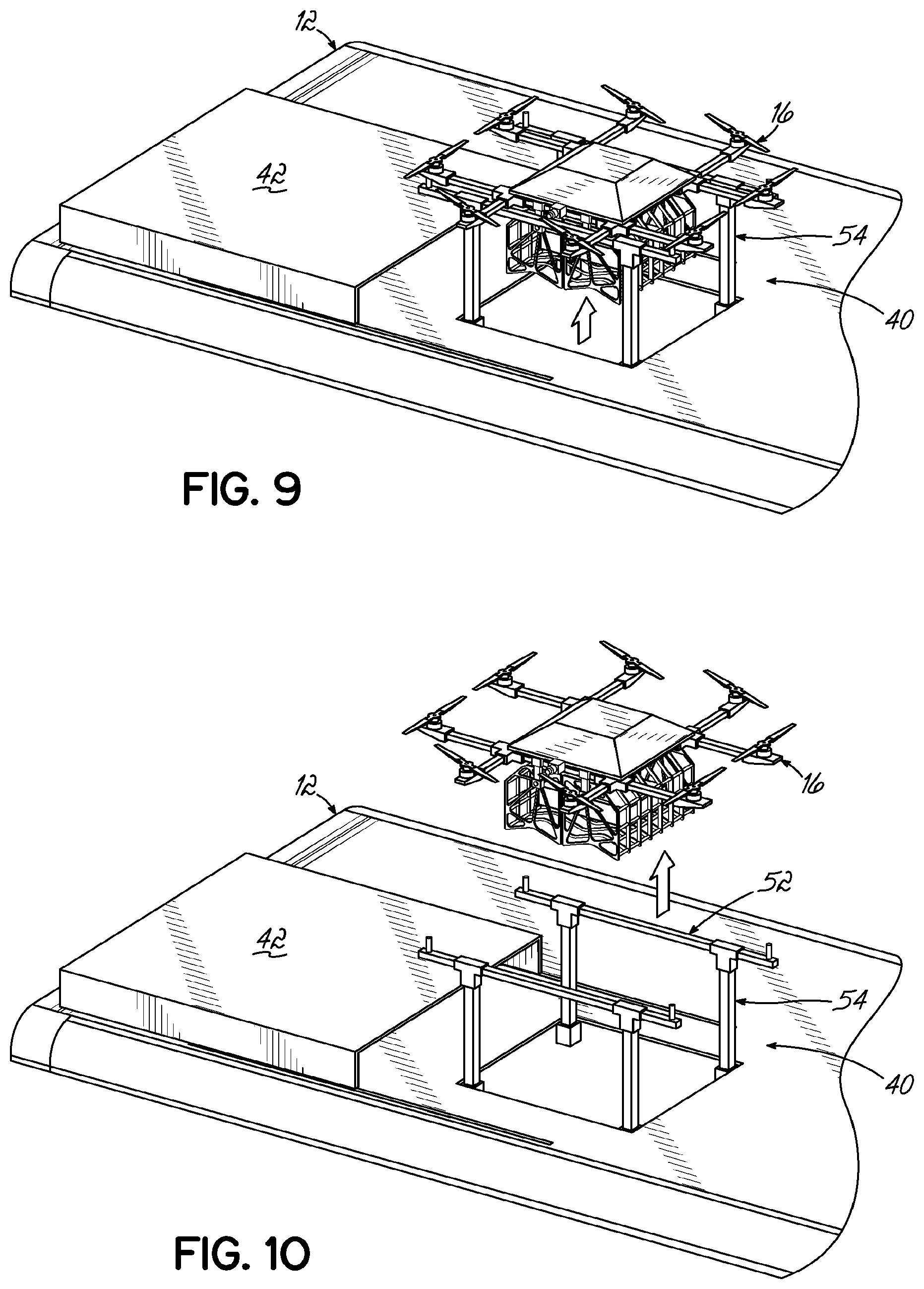 Patent US11782457 Figure 8 – Package delivery by means of an automated multi-copter UAS/UAV dispatched from a conventional delivery vehicle