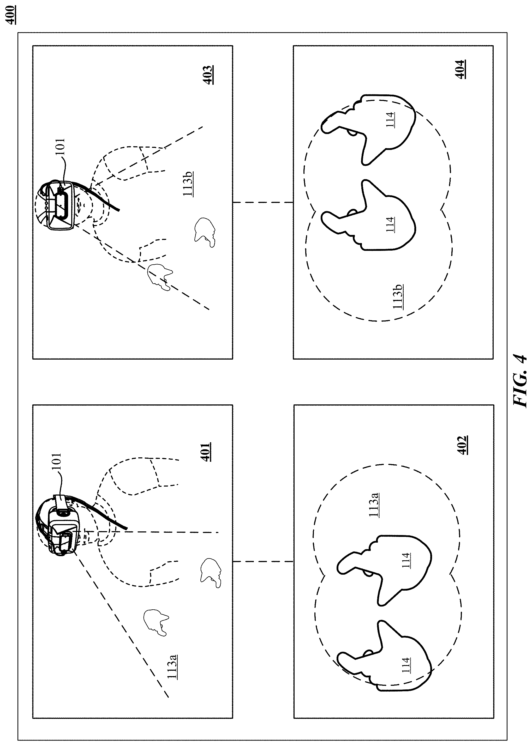 Patent US11782513 Figure 4 – Mode switching for integrated gestural interaction and multi-user collaboration in immersive virtual reality environments