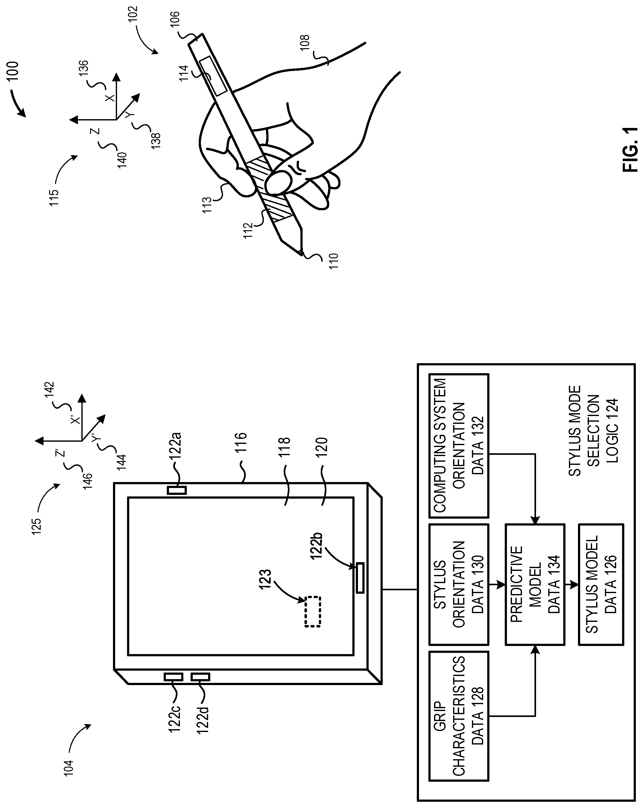 Patent US11782524 Figure 1 – Predictive detection of user intent for stylus use