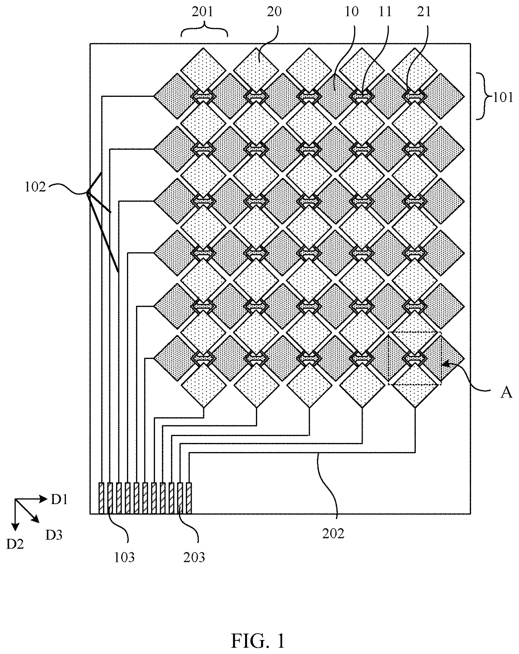 Patent US11782561 Figure 1 – Display panel, touch control structure and display device