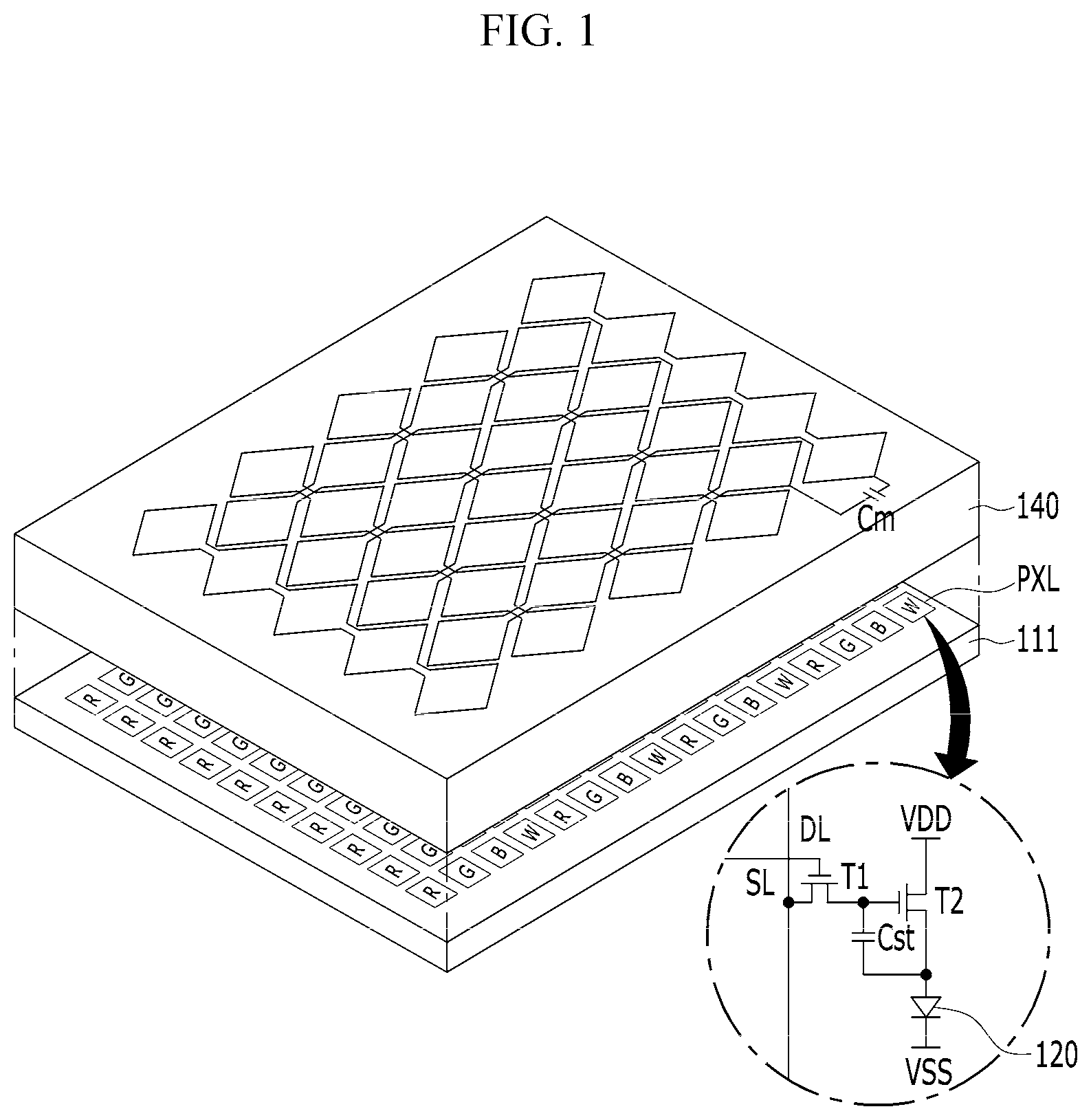 Patent US11782565 Figure 1 – Display device having one or more opaque conductive layers and blackened layers