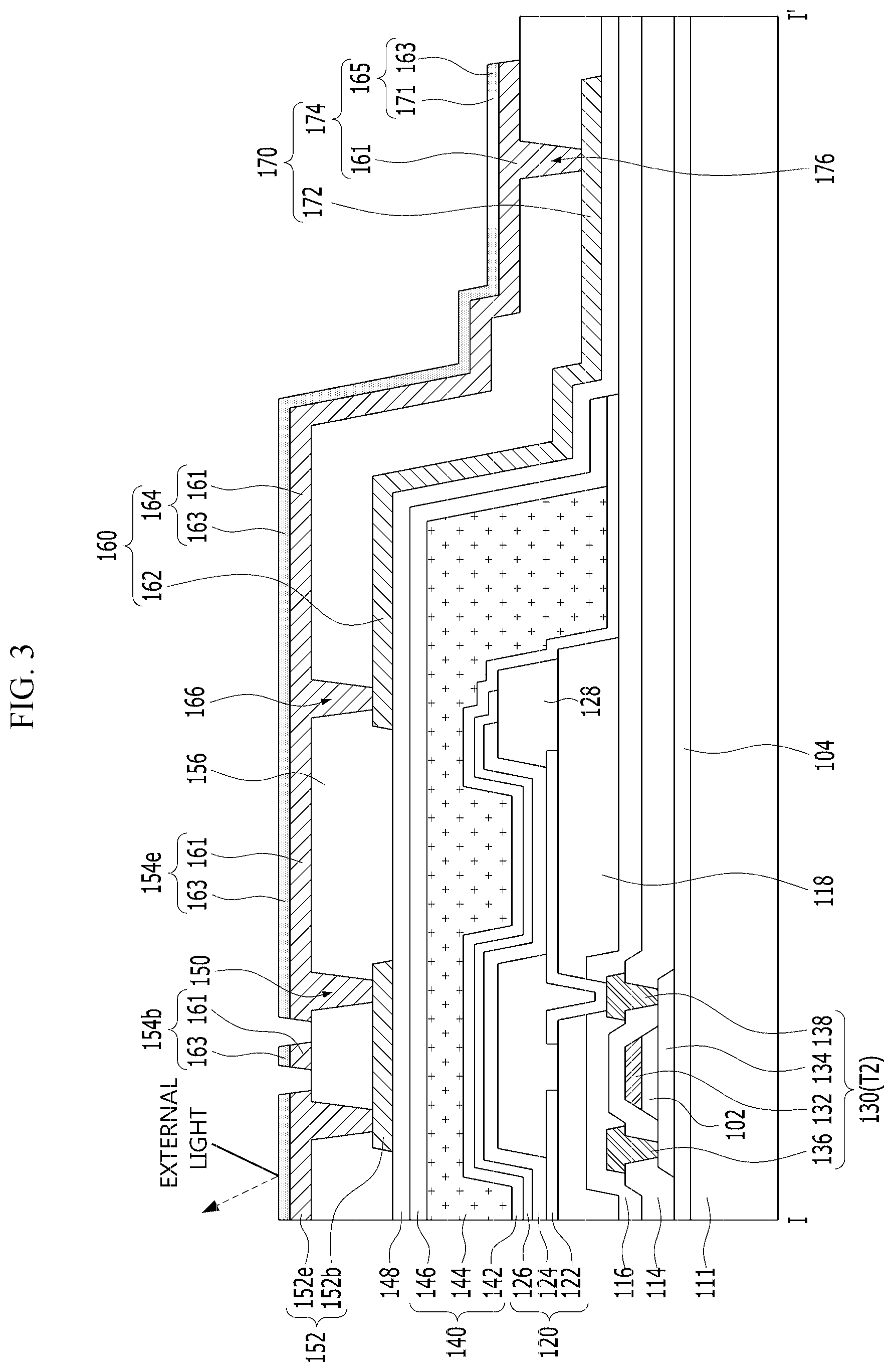 Patent US11782565 Figure 3 – Display device having one or more opaque conductive layers and blackened layers