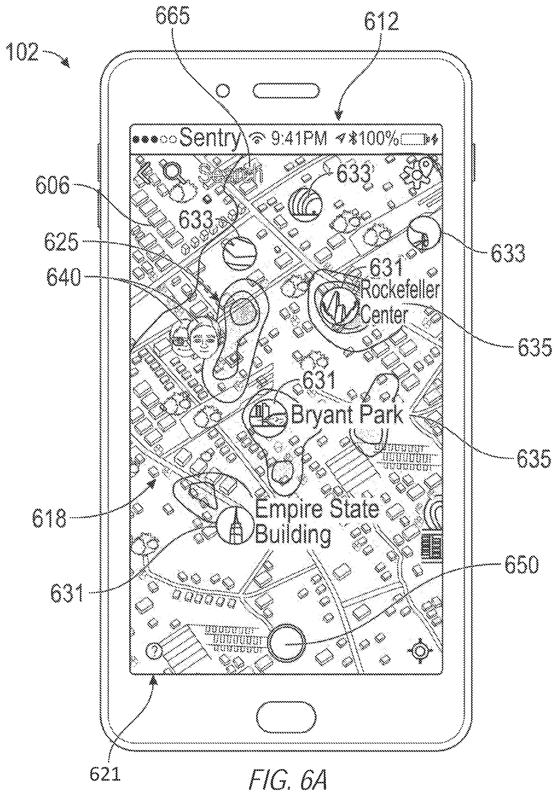 Patent US11782574 Figure 6 – Map-based graphical user interface indicating geospatial activity metrics