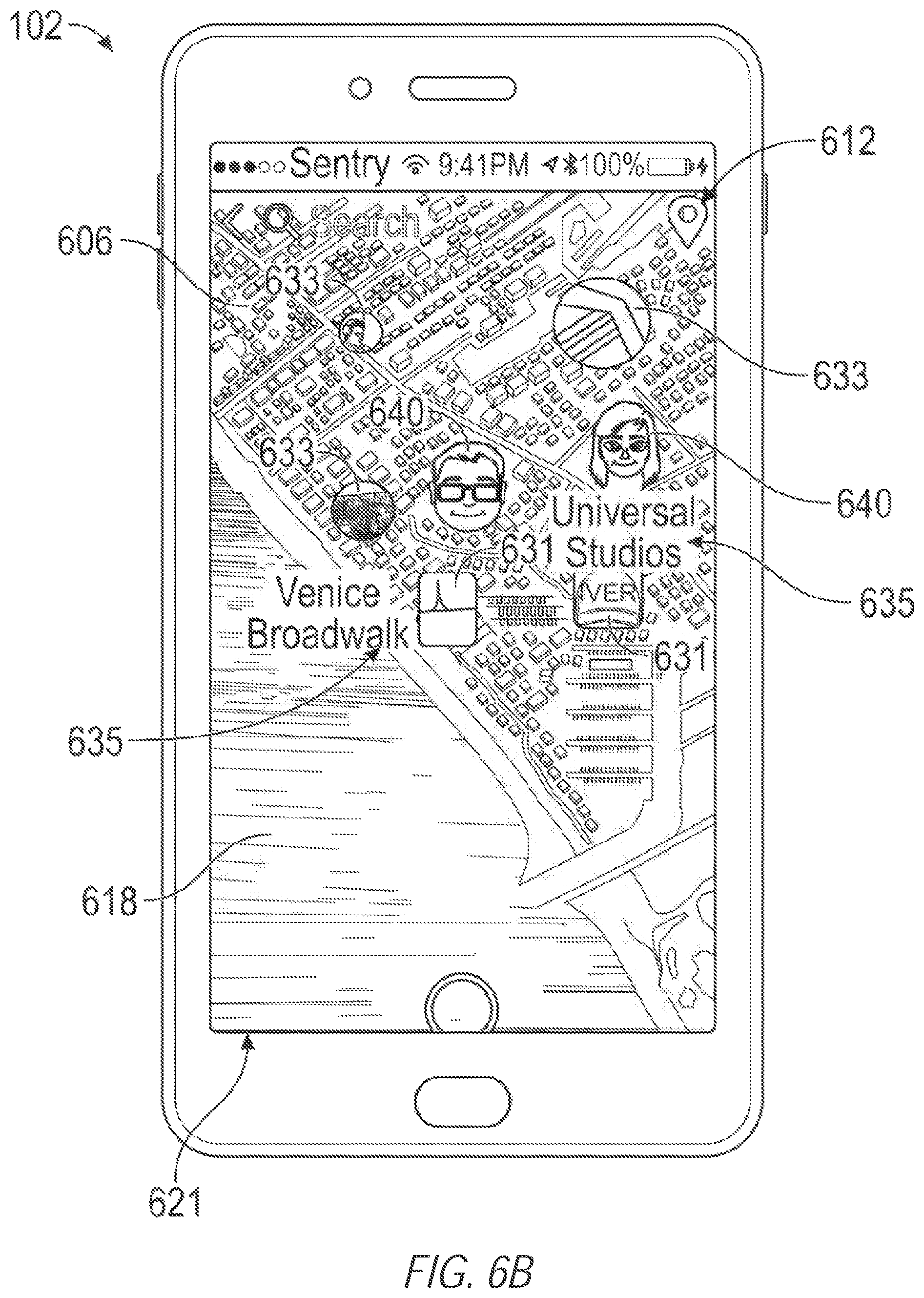 Patent US11782574 Figure 7 – Map-based graphical user interface indicating geospatial activity metrics
